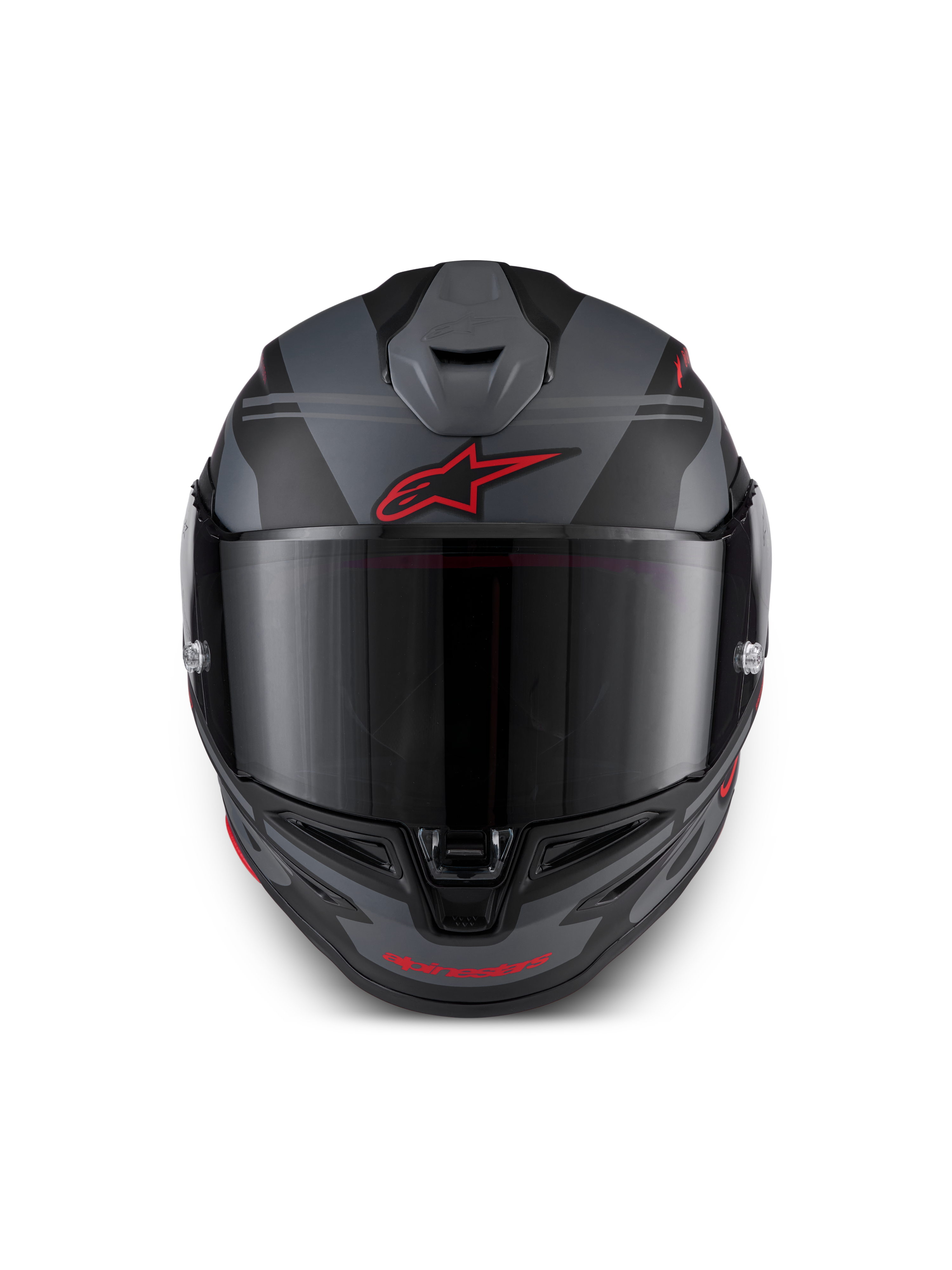 Alpinestars S-R7 A-Core helm, motorracinghelm, zwart, grijs en rood, ECE-gecertificeerd, vooraanzicht met aerodynamische ventilatie en helder vizier