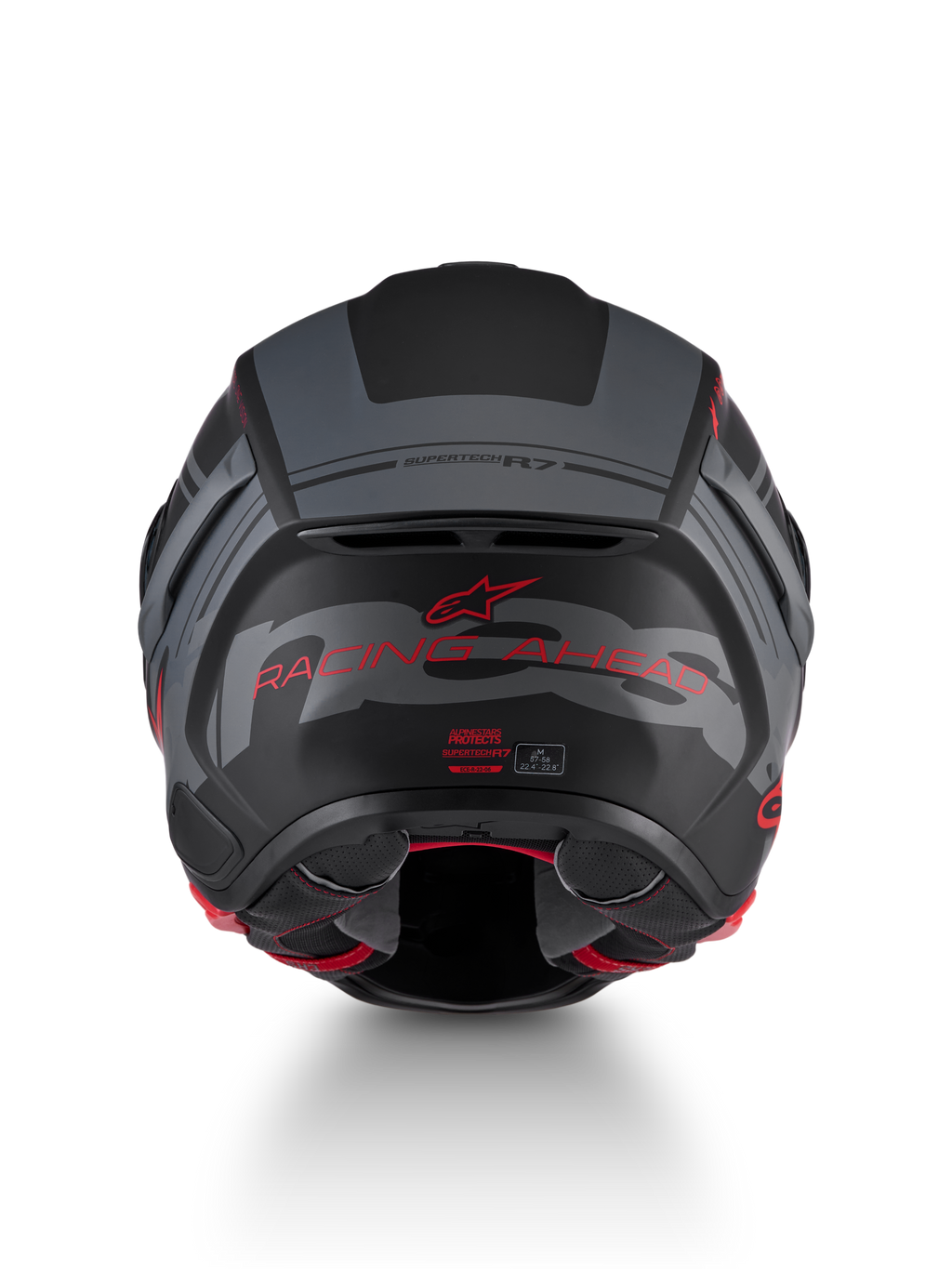 Alpinestars S-R7 A-Core helm, motorracinghelm, achterzijde met zwart, grijs en rood mat kleurenschema en brandingdetails