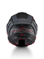 Alpinestars S-R7 A-Core helm, motorracinghelm, achterzijde met zwart, grijs en rood mat kleurenschema en brandingdetails