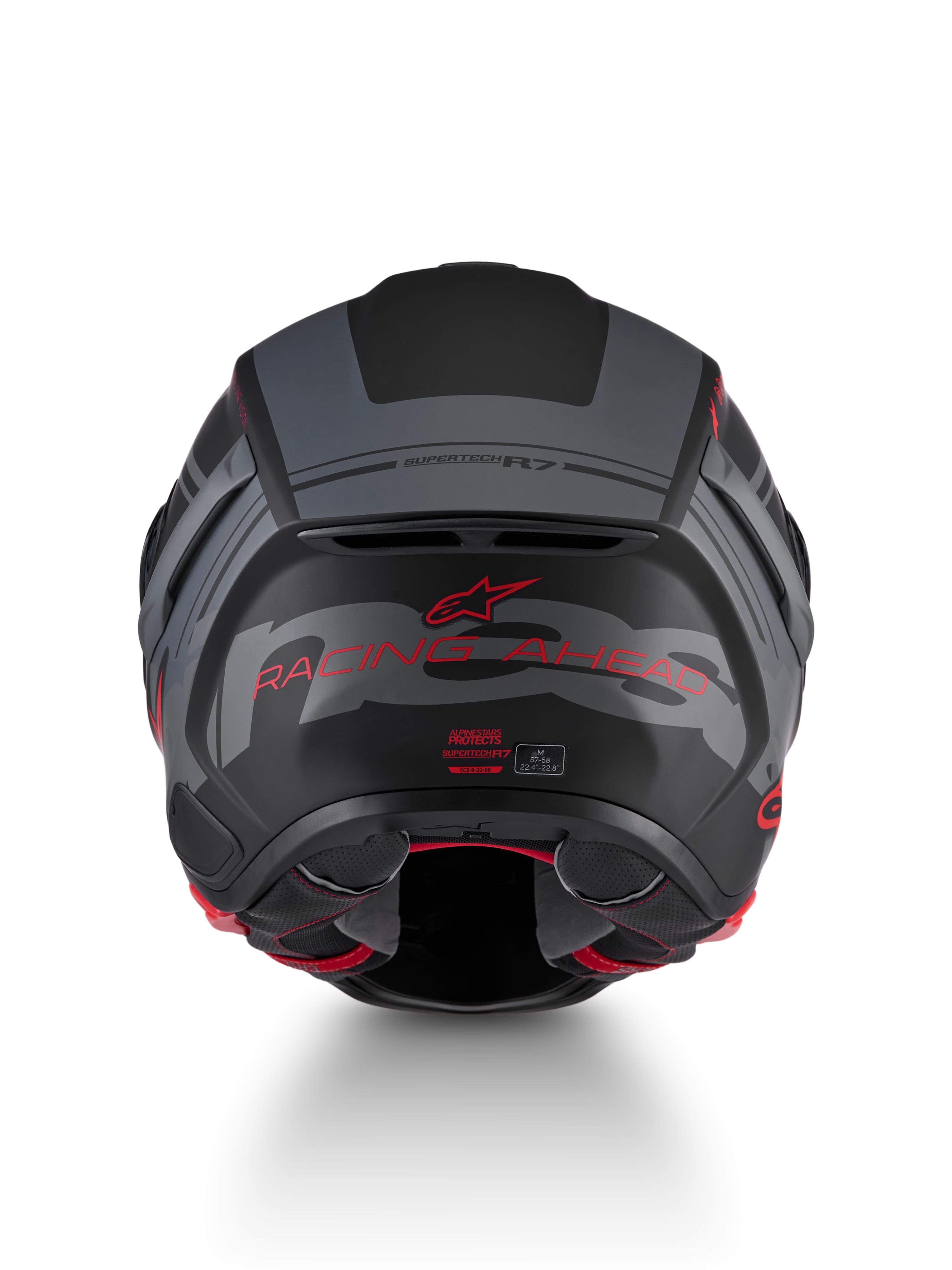 Alpinestars S-R7 A-Core helm, motorracinghelm, achterzijde met zwart, grijs en rood mat kleurenschema en brandingdetails