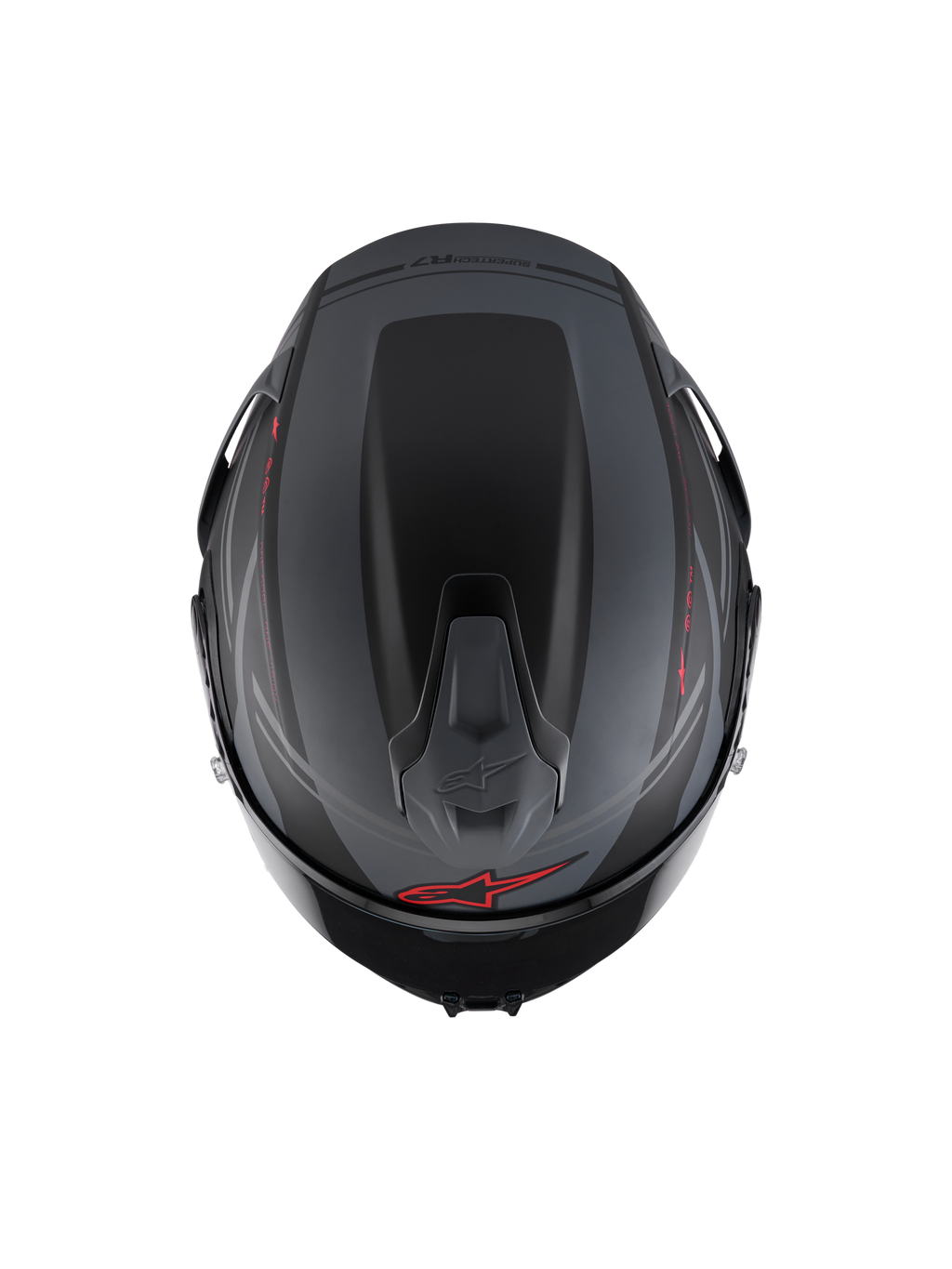 Alpinestars S-R7 A-Core helm, integraal motorracinghelm, bovenaanzicht met aerodynamische spoiler en ventilatie, matzwart, grijs en rood