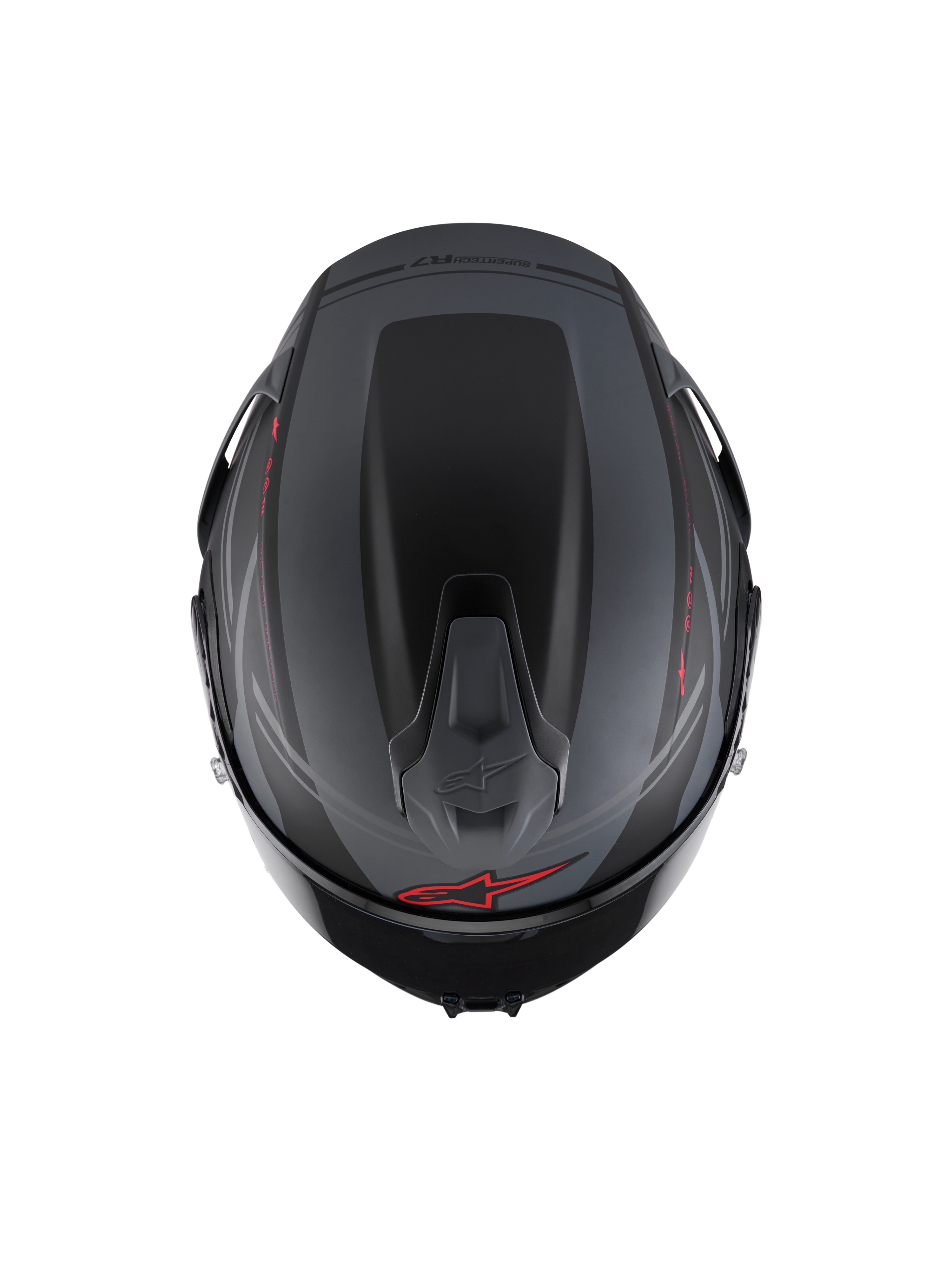 Alpinestars S-R7 A-Core helm, integraal motorracinghelm, bovenaanzicht met aerodynamische spoiler en ventilatie, matzwart, grijs en rood