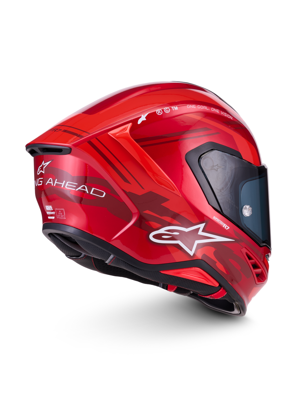 Alpinestars S-R7 A-Core Helm ECE06, Motorradintegralhelm in Rot und Weiß, Seitenprofil mit fortschrittlicher Aerodynamik und Markenlogo