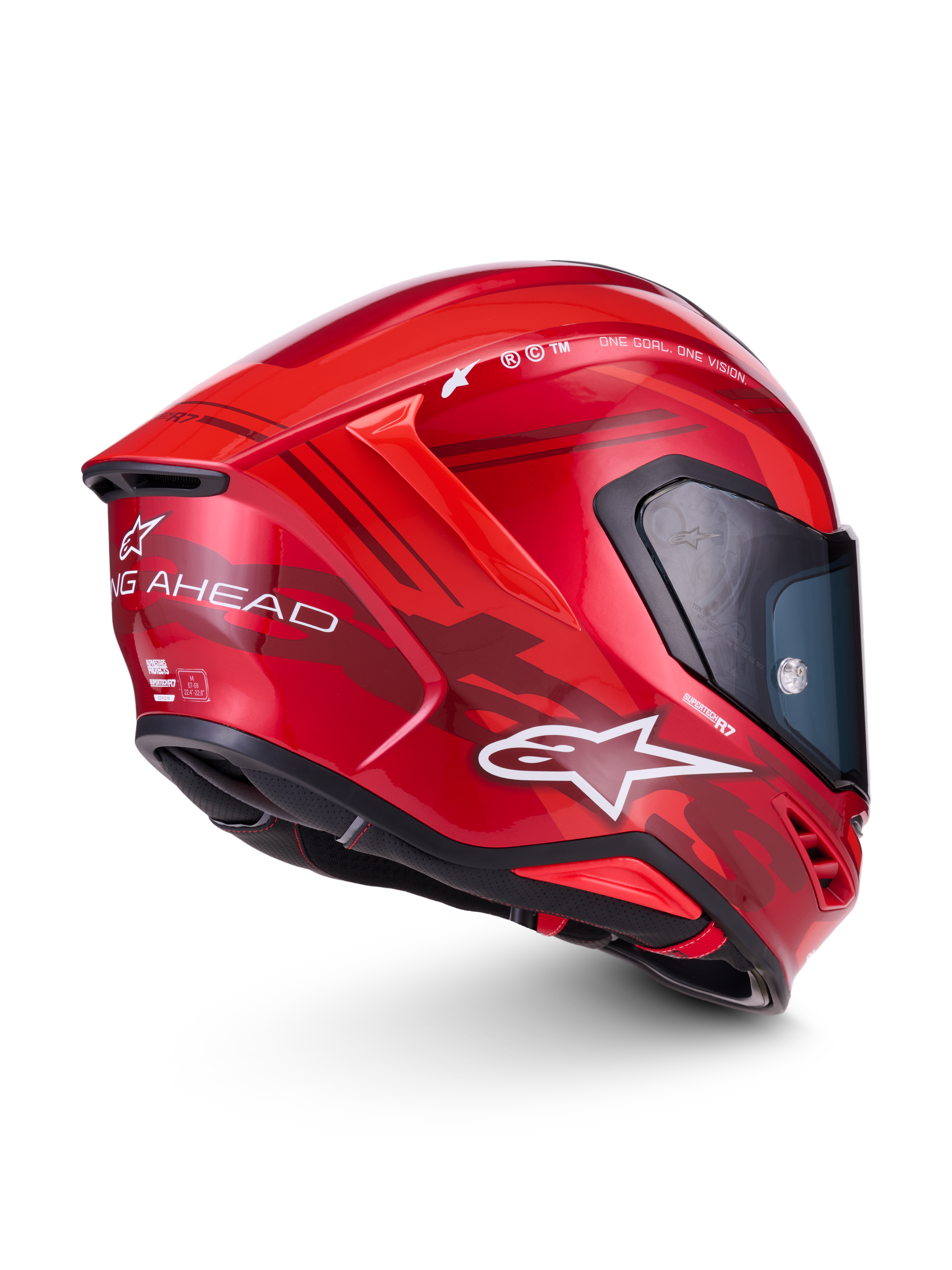 Alpinestars S-R7 A-Core Helm ECE06, Motorradintegralhelm in Rot und Weiß, Seitenprofil mit fortschrittlicher Aerodynamik und Markenlogo