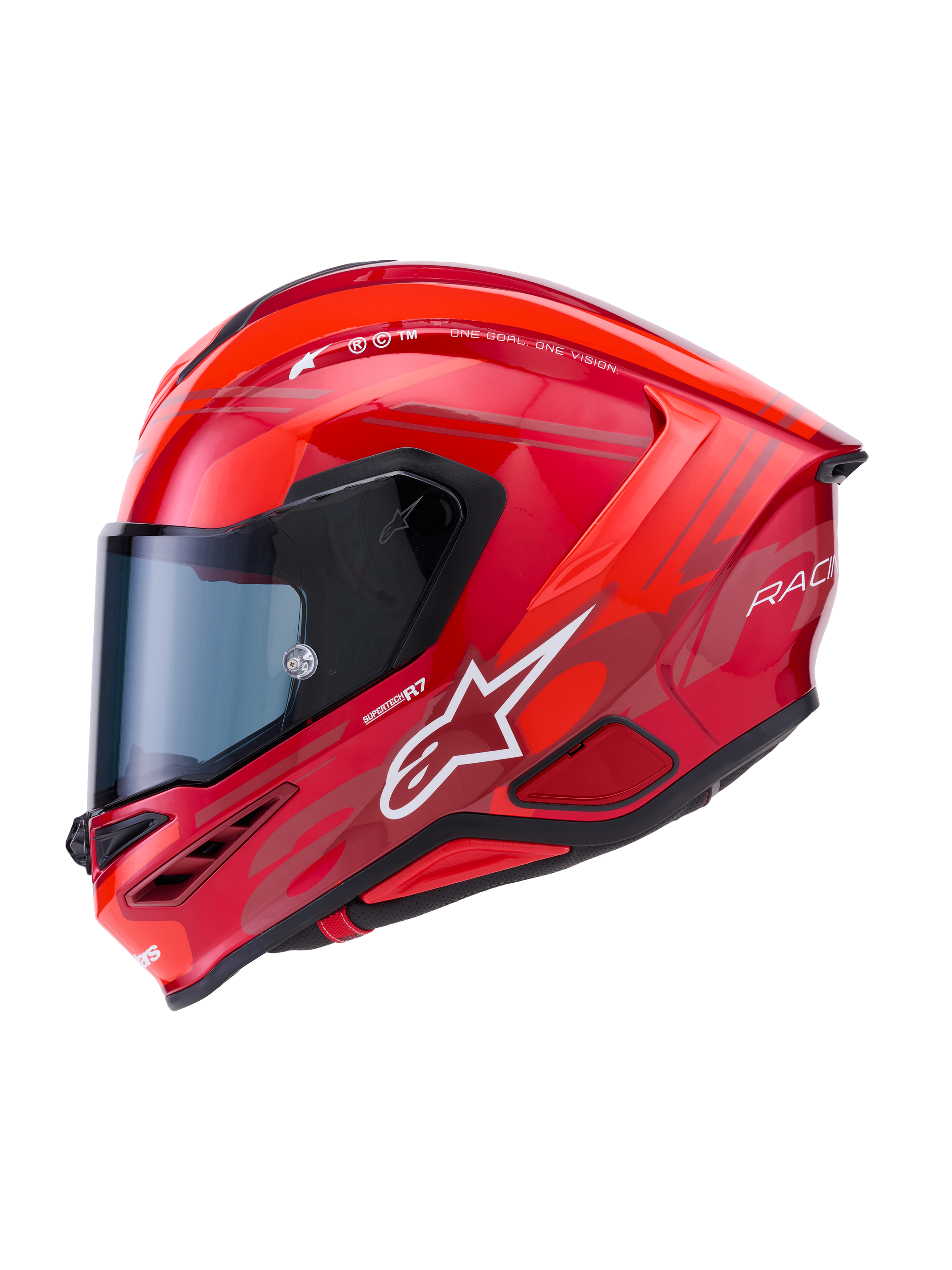 Alpinestars S-R7 A-Core Helm, Integral-Motorradhelm, Rot und Weiß, glänzende Oberfläche, aerodynamische Kohlefaserverbundkonstruktion