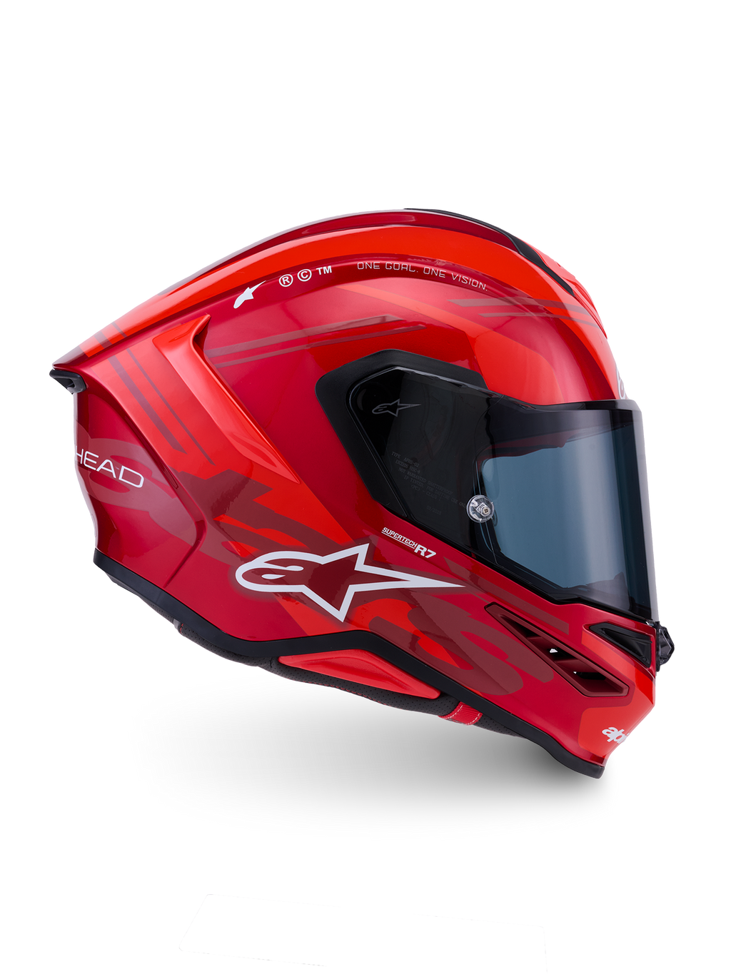 Alpinestars S-R7 A-Core Helm, Integralhelm für den Motorradrennsport, CE-zertifiziert, in glänzendem Rot und Weiß mit Carbon-Konstruktionsdetails.