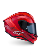 Alpinestars S-R7 A-Core Helm, Integralhelm für den Motorradrennsport, CE-zertifiziert, in glänzendem Rot und Weiß mit Carbon-Konstruktionsdetails.