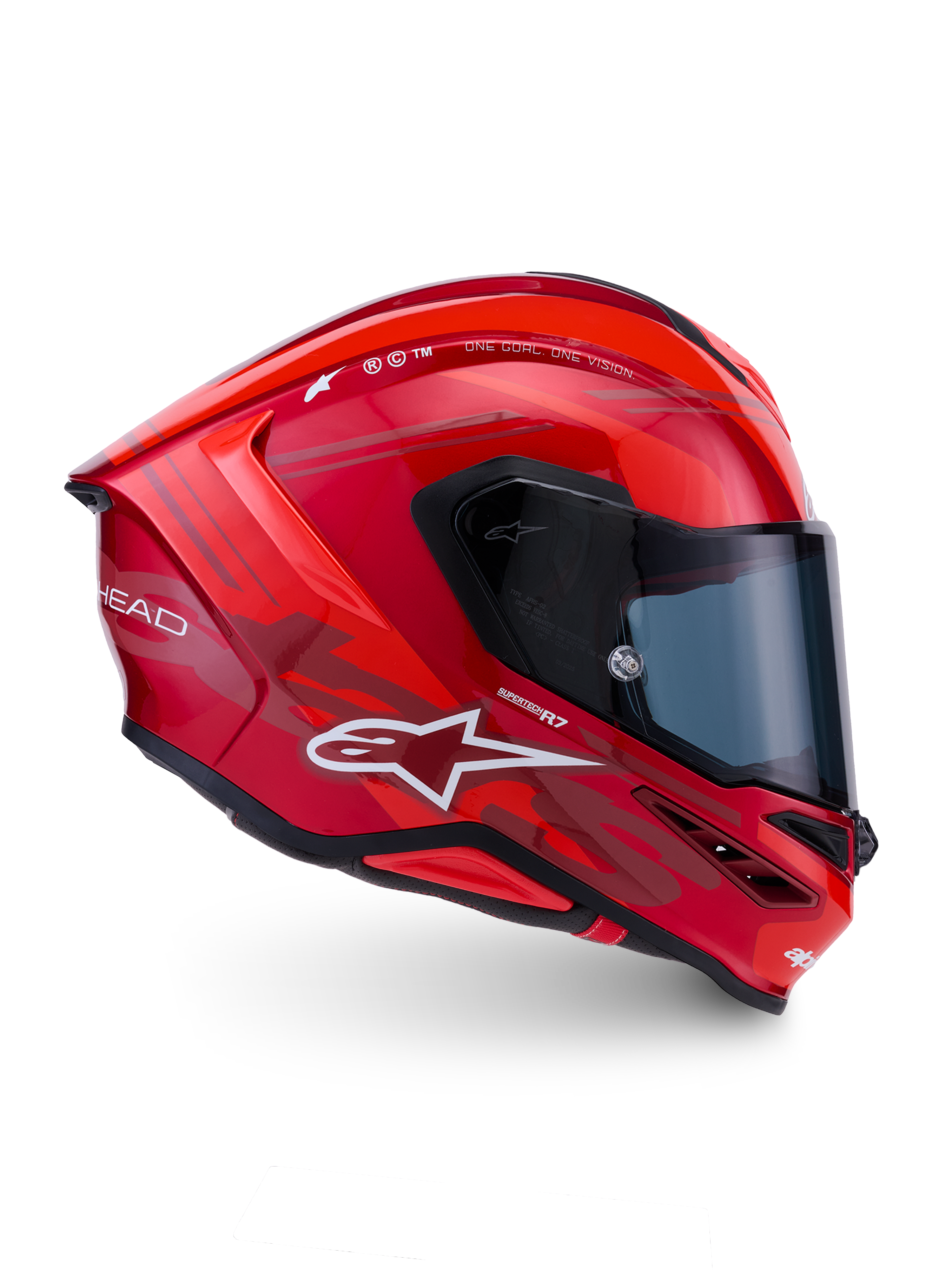 Alpinestars S-R7 A-Core Helm, Integralhelm für den Motorradrennsport, CE-zertifiziert, in glänzendem Rot und Weiß mit Carbon-Konstruktionsdetails.