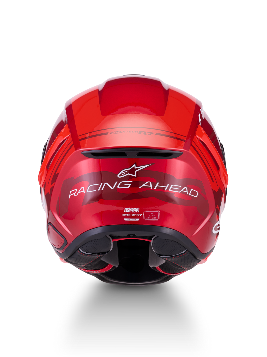 Alpinestars S-R7 A-Core Helm, ECE 22.06 Motorradrennhelm, Rückansicht mit rot-weißem Hochglanz-Finish und "Racing Ahead"-Branding