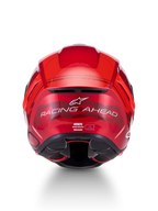Alpinestars S-R7 A-Core Helm, ECE 22.06 Motorradrennhelm, Rückansicht mit rot-weißem Hochglanz-Finish und "Racing Ahead"-Branding
