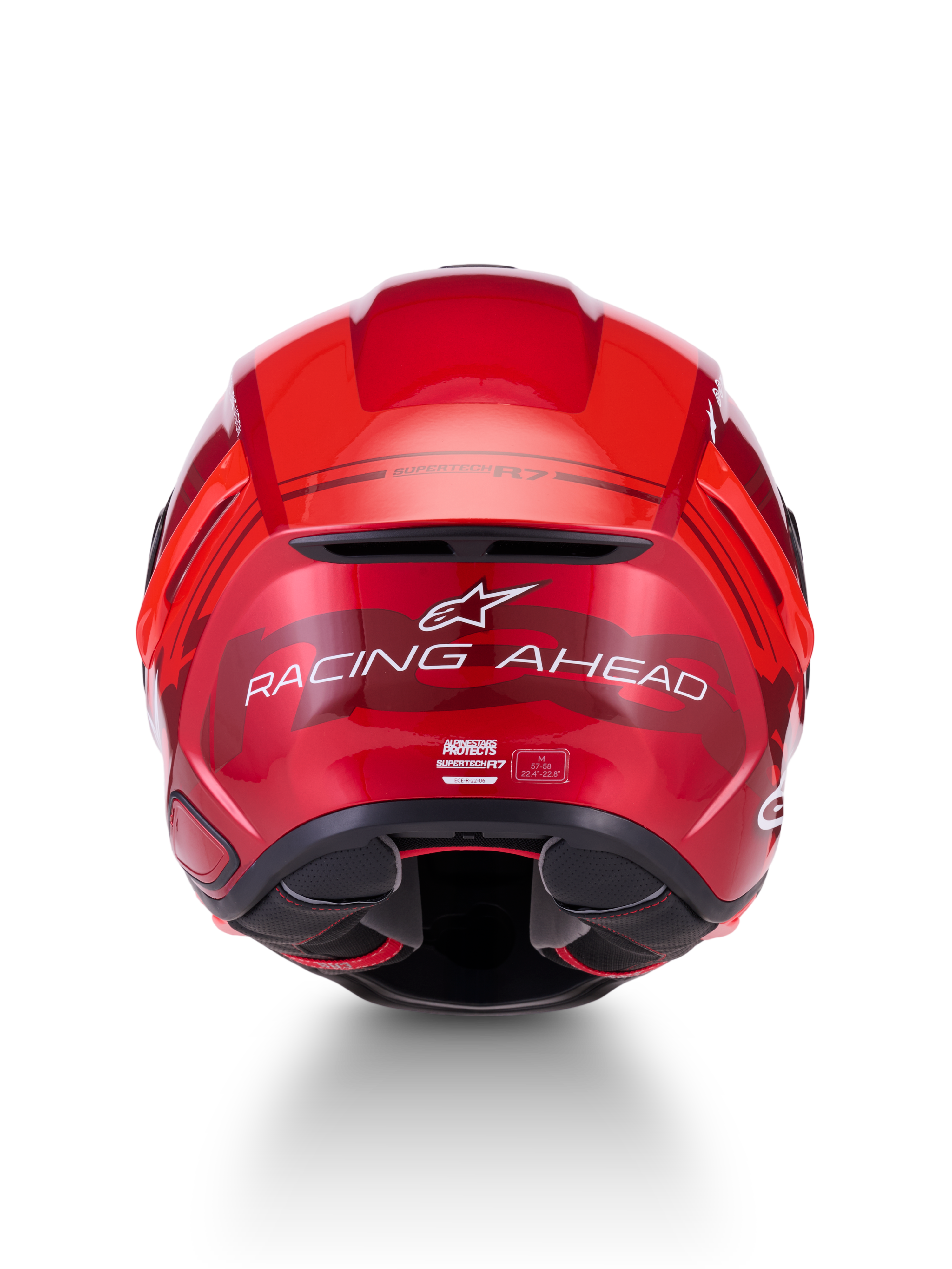 Alpinestars S-R7 A-Core Helm, ECE 22.06 Motorradrennhelm, Rückansicht mit rot-weißem Hochglanz-Finish und "Racing Ahead"-Branding
