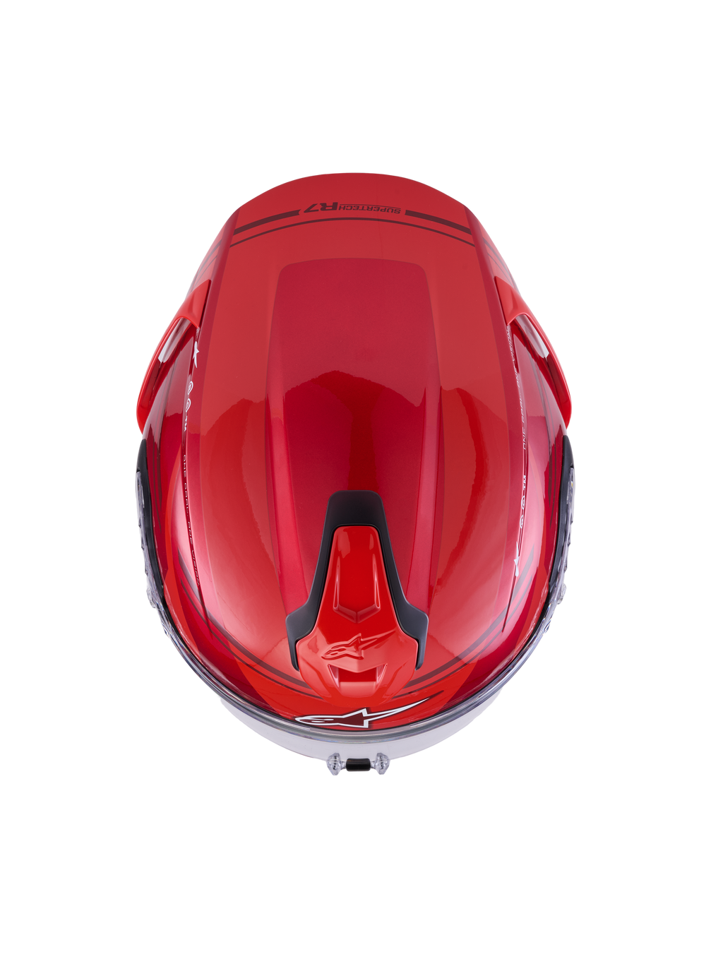 Alpinestars S-R7 A-Core Helm, Motorrad-Rennsporthelm, Ansicht von oben mit aerodynamischer Karbonschale in Rot und Weiß, glänzend mit schwarzen Belüftungsdetails