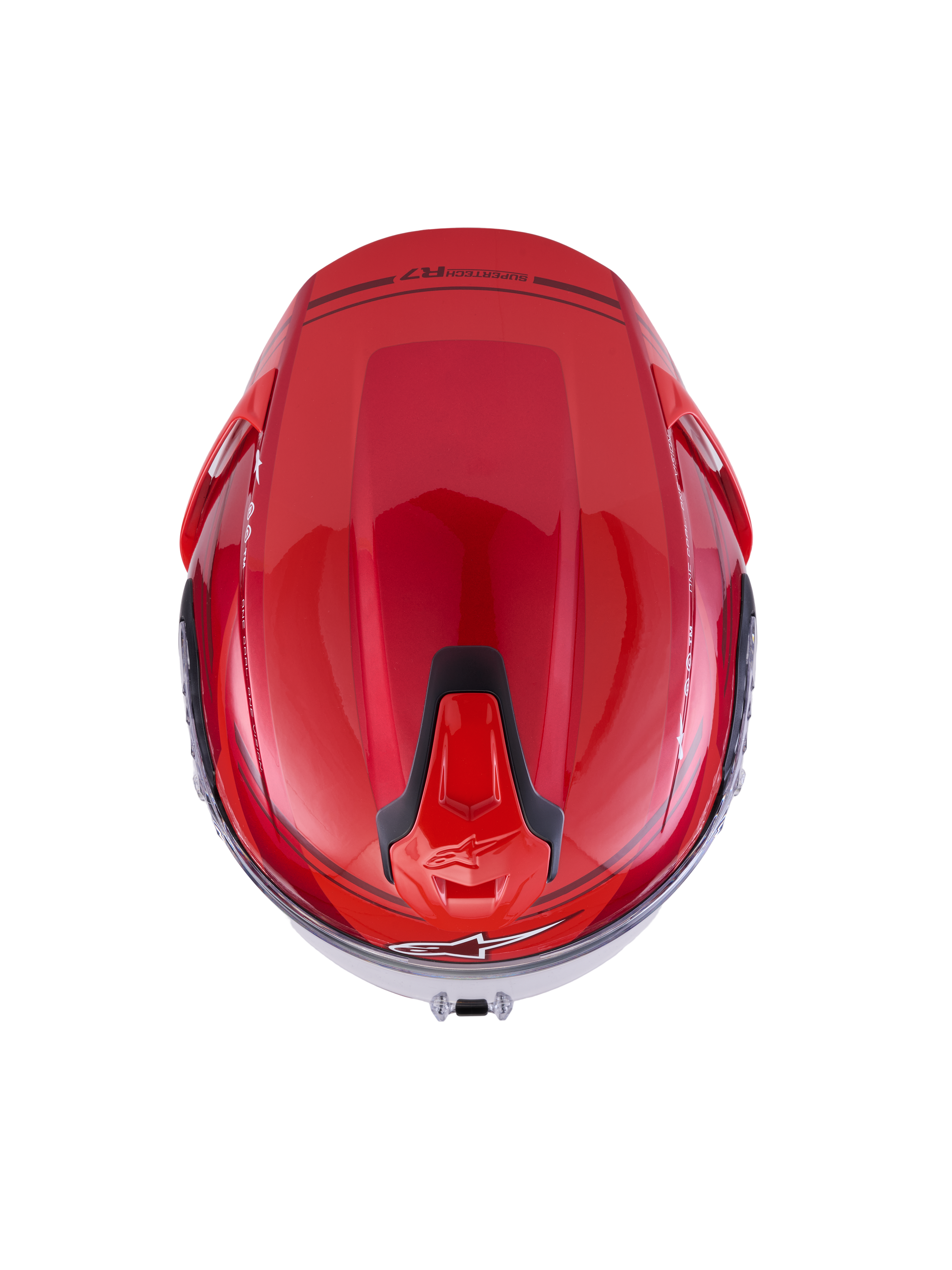 Alpinestars S-R7 A-Core Helm, Motorrad-Rennsporthelm, Ansicht von oben mit aerodynamischer Karbonschale in Rot und Weiß, glänzend mit schwarzen Belüftungsdetails