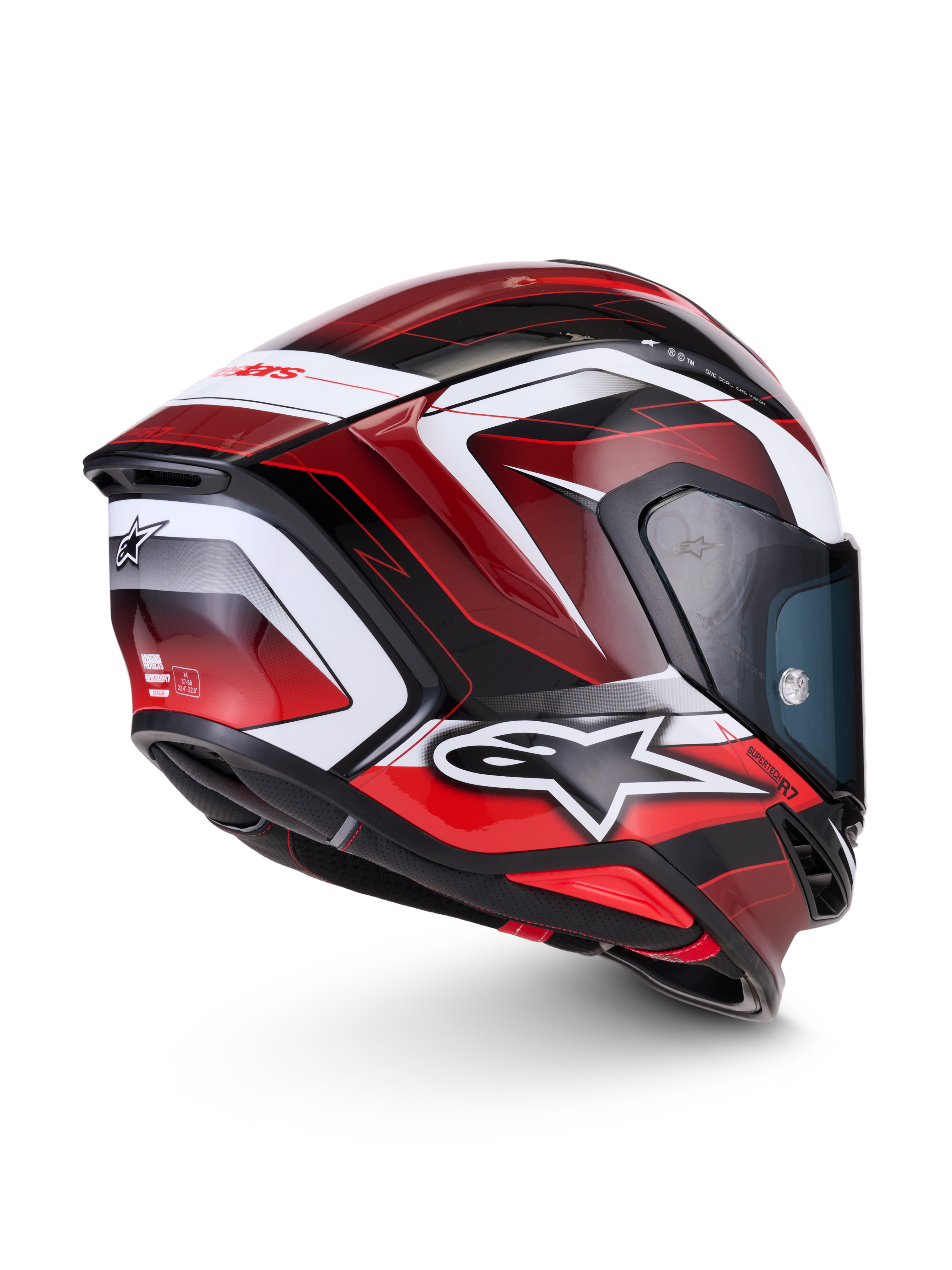 Alpinestars S-R7 Kinetis Helmet, full-face carbon road and track helmet in Black, Red and White Glossy with ECE 22.06 certification, side-rear profile view