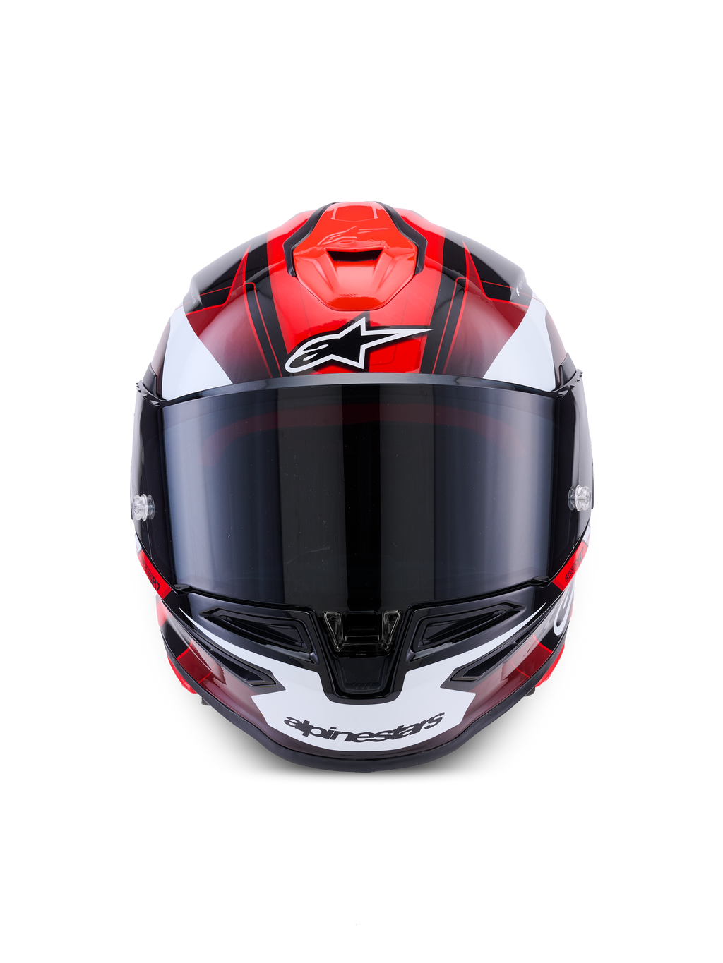 Alpinestars S-R7 Kinetis Helmet, full-face road racing motorcycle helmet, Black, Red and White glossy finish, front view showing visor and ventilation features
