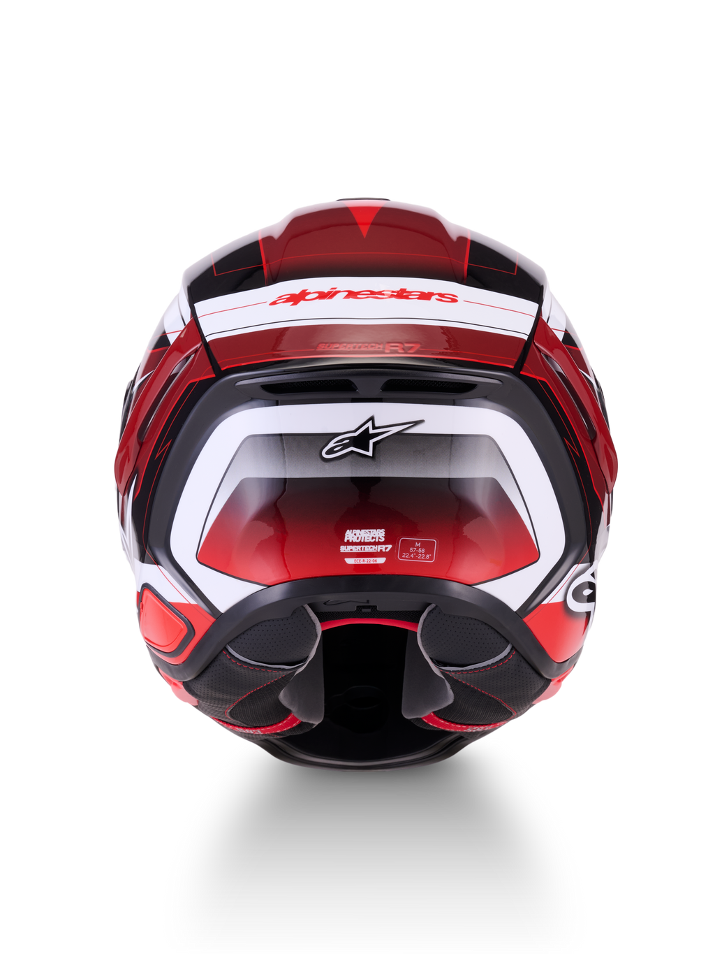 Alpinestars S-R7 Kinetis Helmet, full face motorcycle racing helmet, rear view showing black, red, and white glossy graphic layout with brand logos and ECE certification details