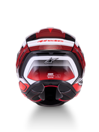 Alpinestars S-R7 Kinetis Helmet, full face motorcycle racing helmet, rear view showing black, red, and white glossy graphic layout with brand logos and ECE certification details