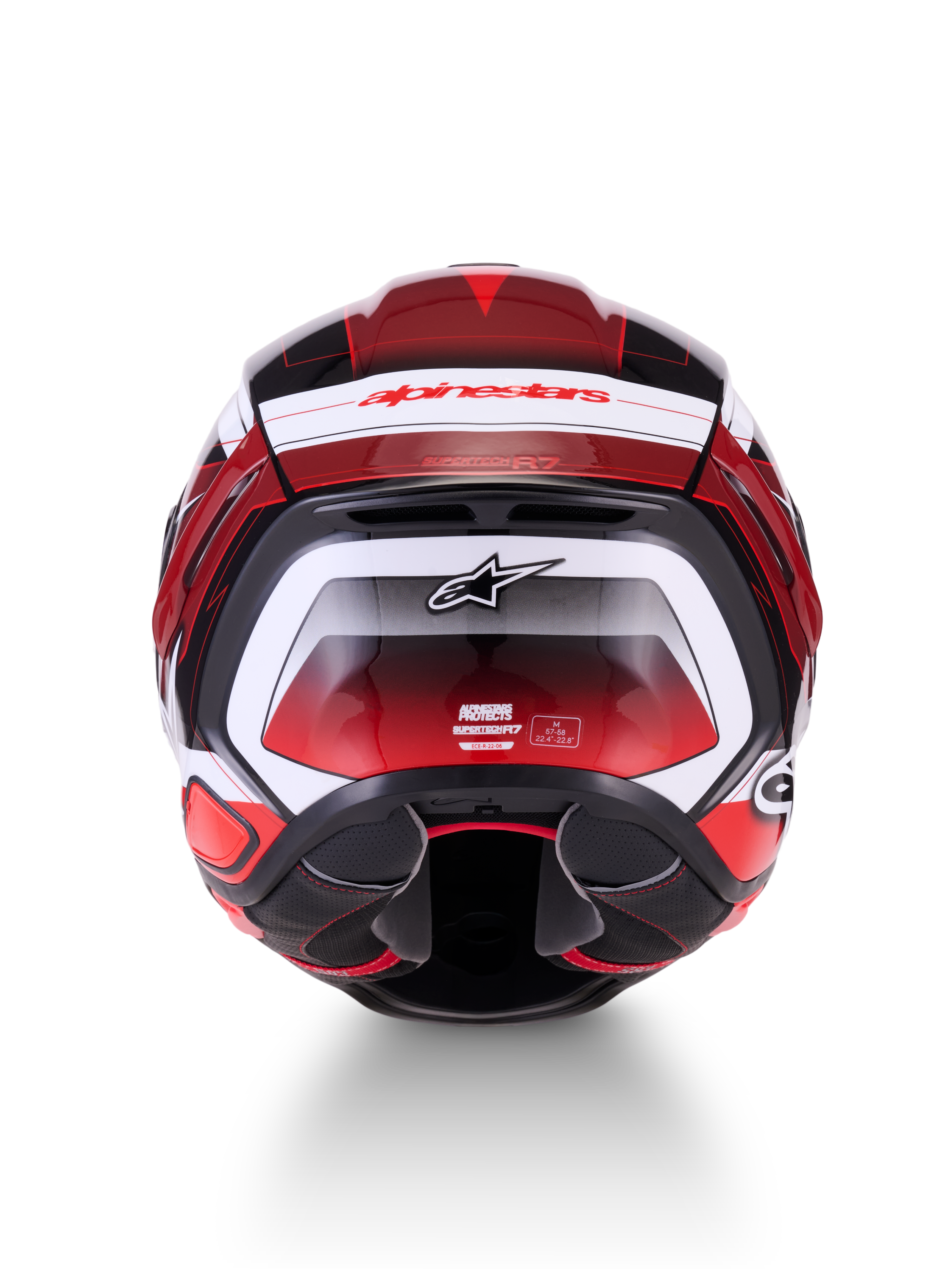 Alpinestars S-R7 Kinetis Helmet, full face motorcycle racing helmet, rear view showing black, red, and white glossy graphic layout with brand logos and ECE certification details