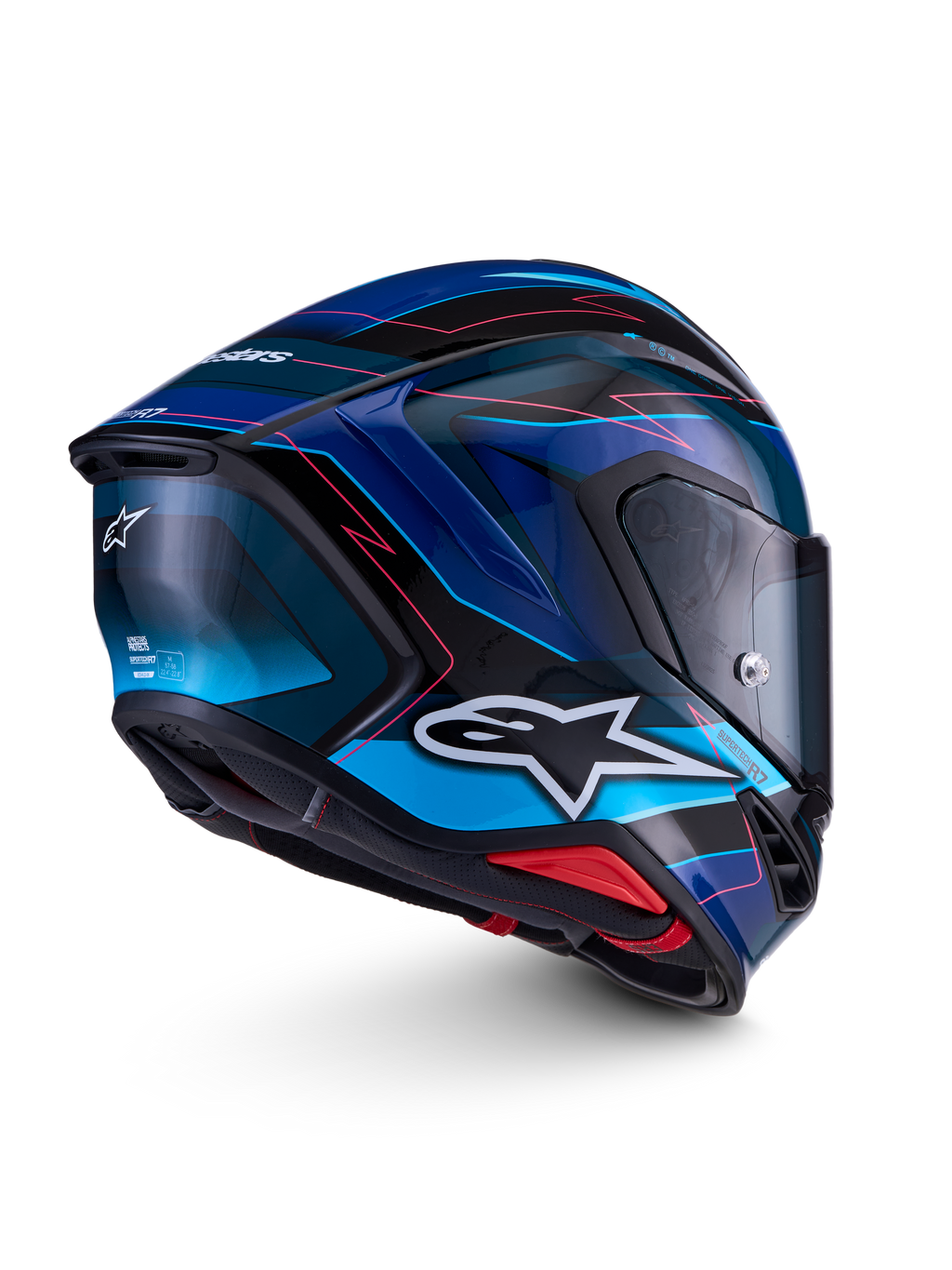 Alpinestars S-R7 Kinetis Helm, Motorradhelm für den Straßenrennsport, Schwarz, Blau und Pink-Fluo mit weißen Details, Kohlefaserverbundkonstruktion, glänzende Oberfläche, ECE 22.06