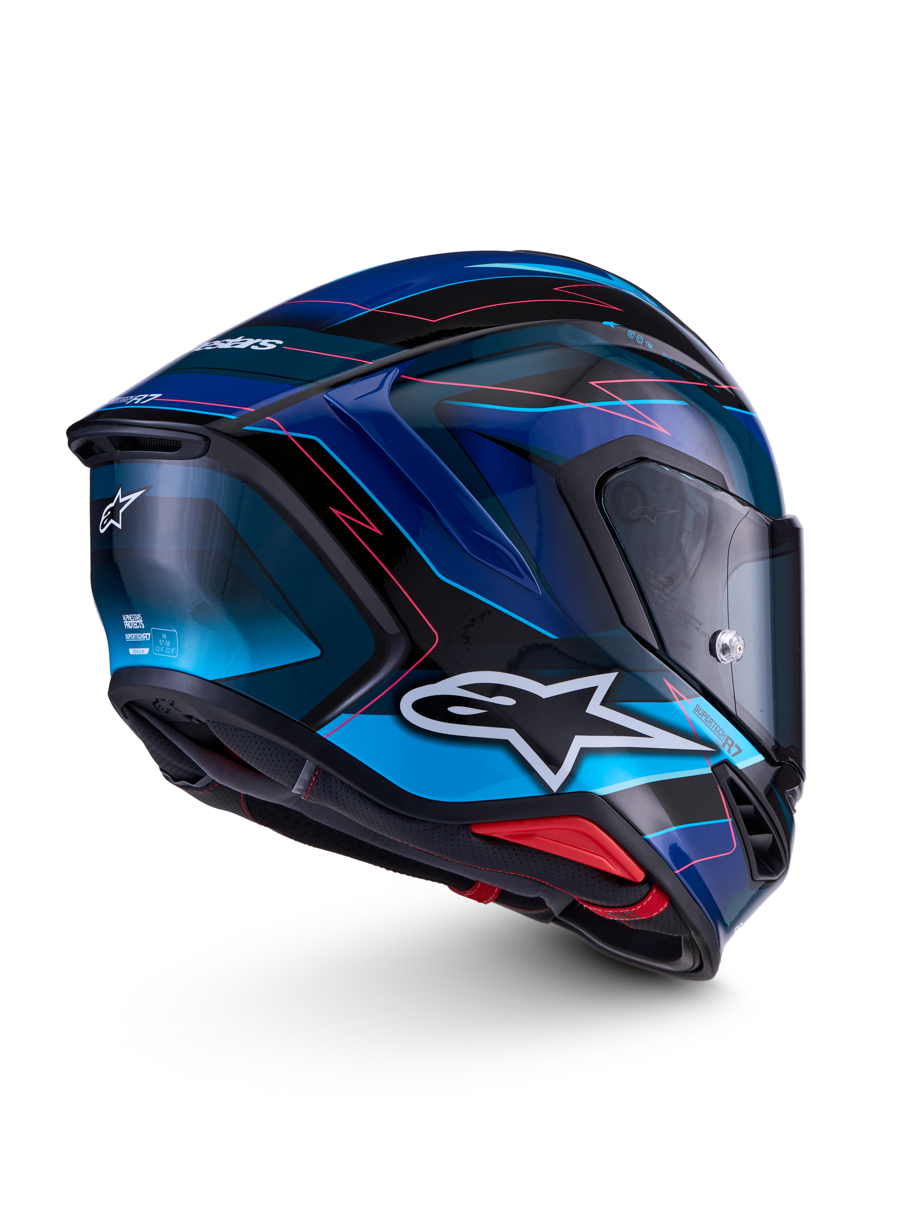 Alpinestars S-R7 Kinetis Helm, Motorradhelm für den Straßenrennsport, Schwarz, Blau und Pink-Fluo mit weißen Details, Kohlefaserverbundkonstruktion, glänzende Oberfläche, ECE 22.06