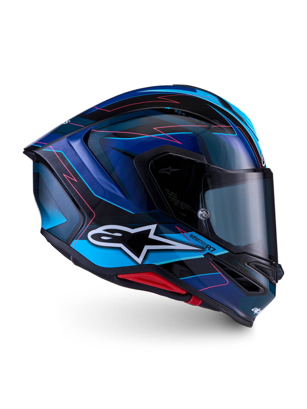 Alpinestars S-R7 Kinetis Helm ECE 22.06, Integral-Motorradhelm, Schwarz, Blau, Pink und Weiß, glänzendes Finish, Carbon-Verbundkonstruktion