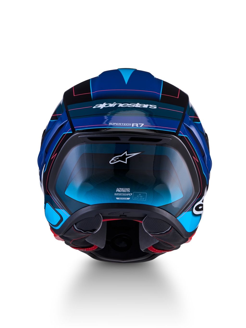 Alpinestars S-R7 Kinetis Helm, Motorradhelm für die Rennstrecke und Straße, Vorderansicht in Schwarz, Blau, Pink Fluo und Weiß glänzend mit Kohlefaser-Konstruktion
