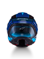 Alpinestars S-R7 Kinetis Helm, Motorradhelm für die Rennstrecke und Straße, Vorderansicht in Schwarz, Blau, Pink Fluo und Weiß glänzend mit Kohlefaser-Konstruktion