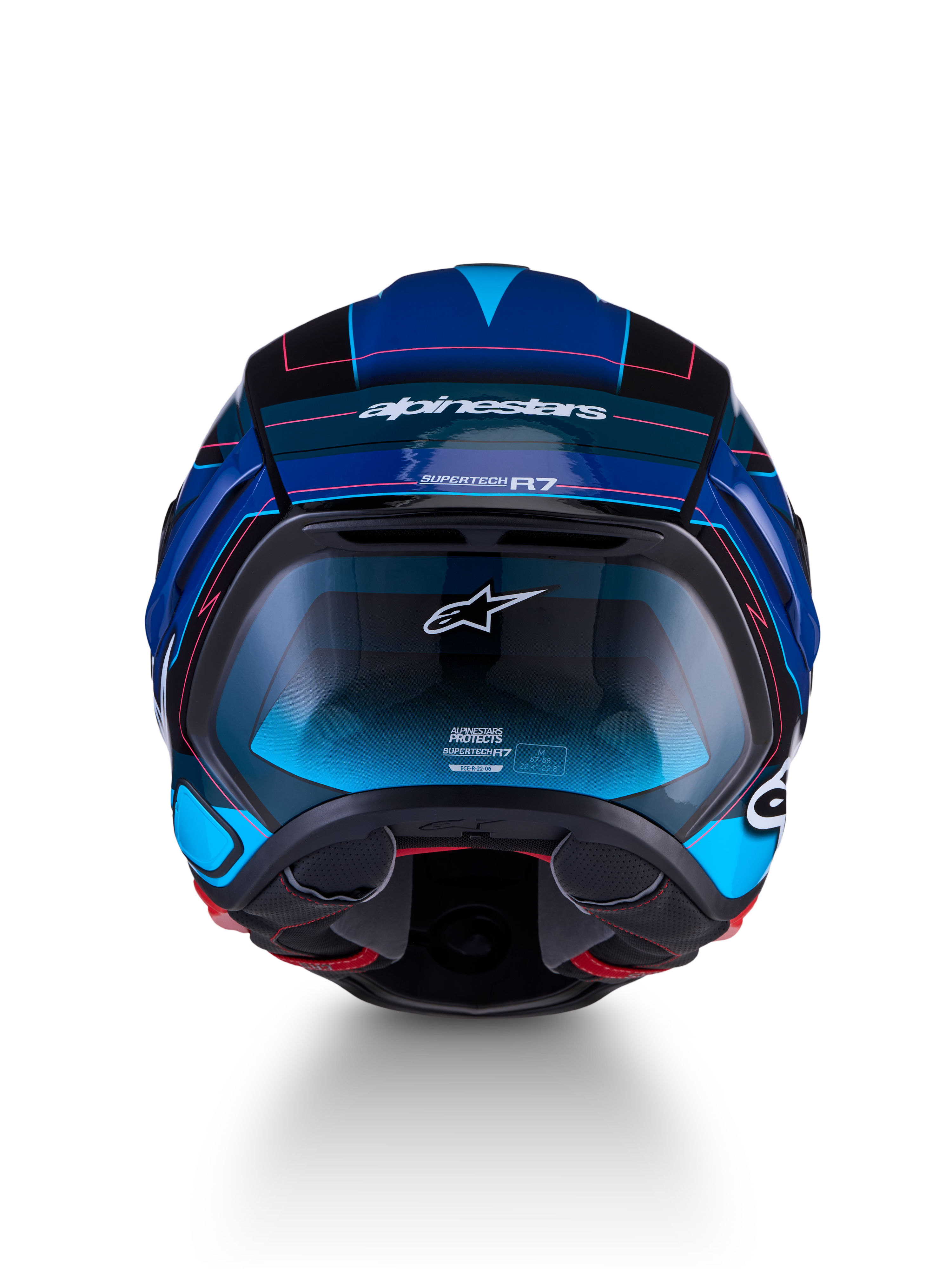 Alpinestars S-R7 Kinetis Helm, Motorradhelm für die Rennstrecke und Straße, Vorderansicht in Schwarz, Blau, Pink Fluo und Weiß glänzend mit Kohlefaser-Konstruktion