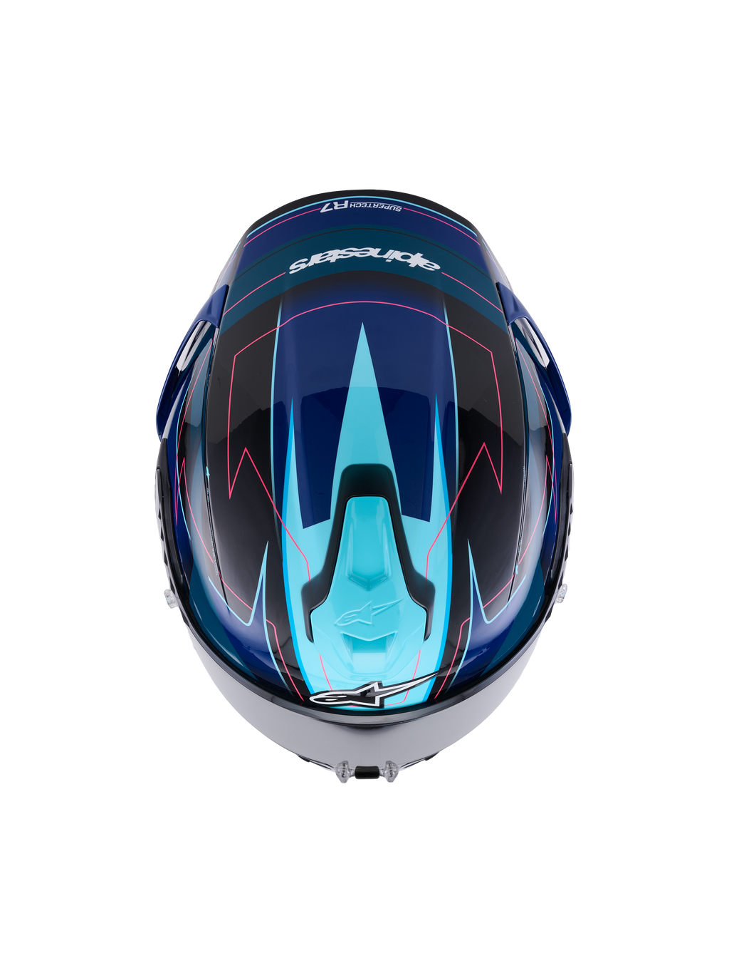 Alpinestars S-R7 Kinetis Helm, Integralhelm, Schwarz, Blau, Pink Fluo und Weiß, Ansicht von oben mit aerodynamischem Design und Carbon-Verbundkonstruktion