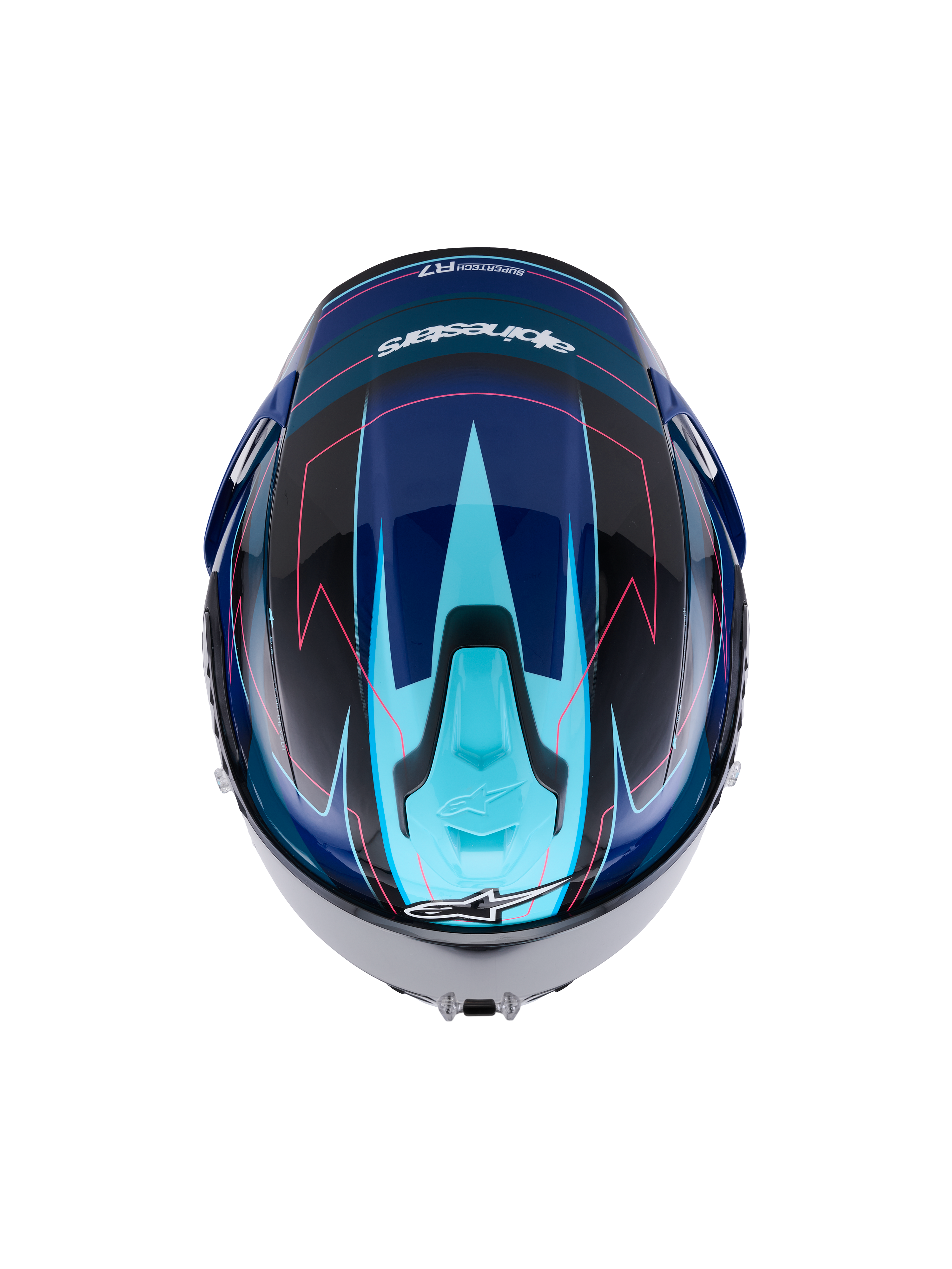Alpinestars S-R7 Kinetis Helm, Integralhelm, Schwarz, Blau, Pink Fluo und Weiß, Ansicht von oben mit aerodynamischem Design und Carbon-Verbundkonstruktion
