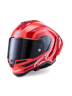 Casque Alpinestars Supertech R10 Arius, casque intégral de course, rouge et orange brillant, avec logos Alpinestars blancs, visière teintée foncée, design aérodynamique en composite de carbone avec système de refroidissement multi-ventilation