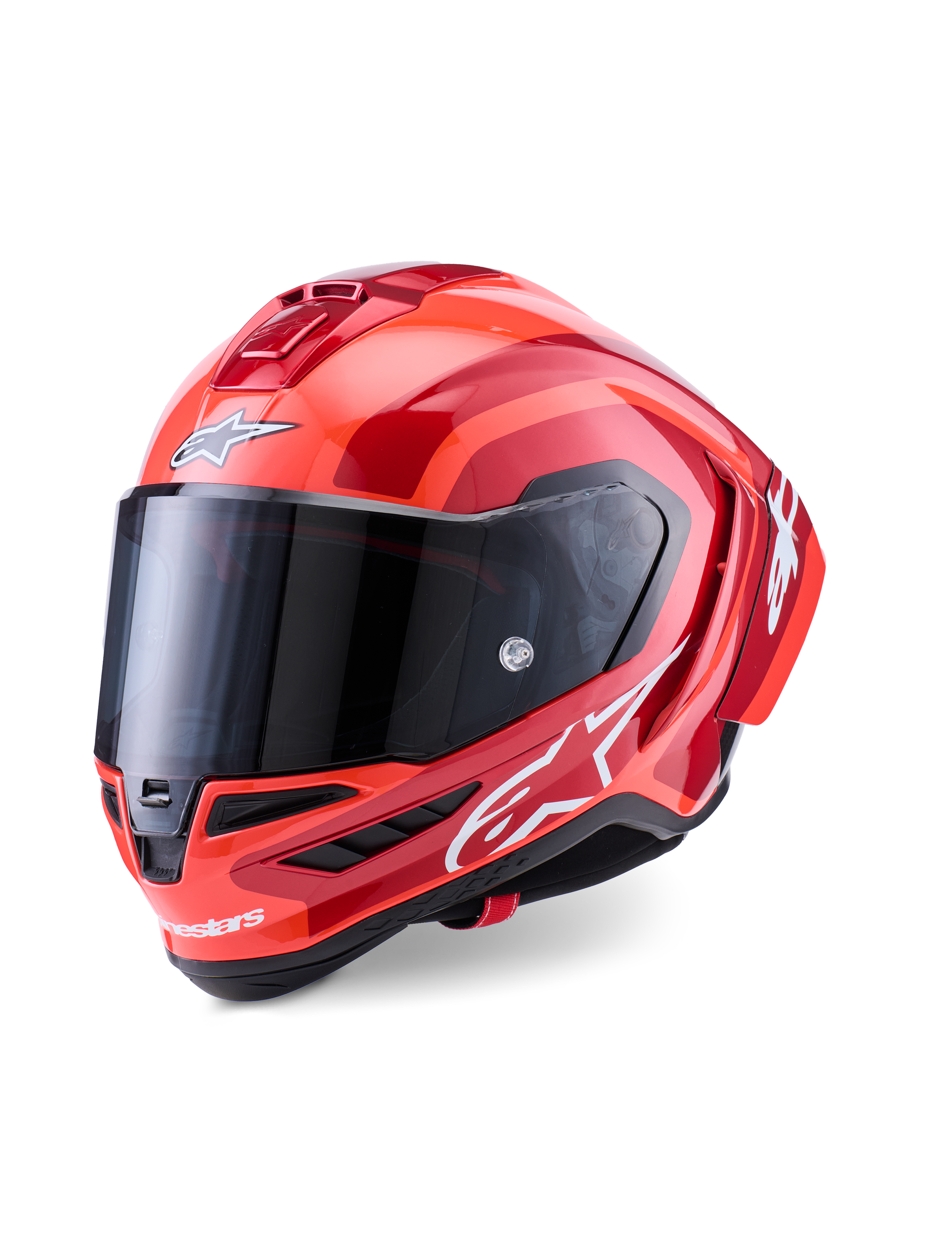 Casque Alpinestars Supertech R10 Arius, casque intégral de course, rouge et orange brillant, avec logos Alpinestars blancs, visière teintée foncée, design aérodynamique en composite de carbone avec système de refroidissement multi-ventilation