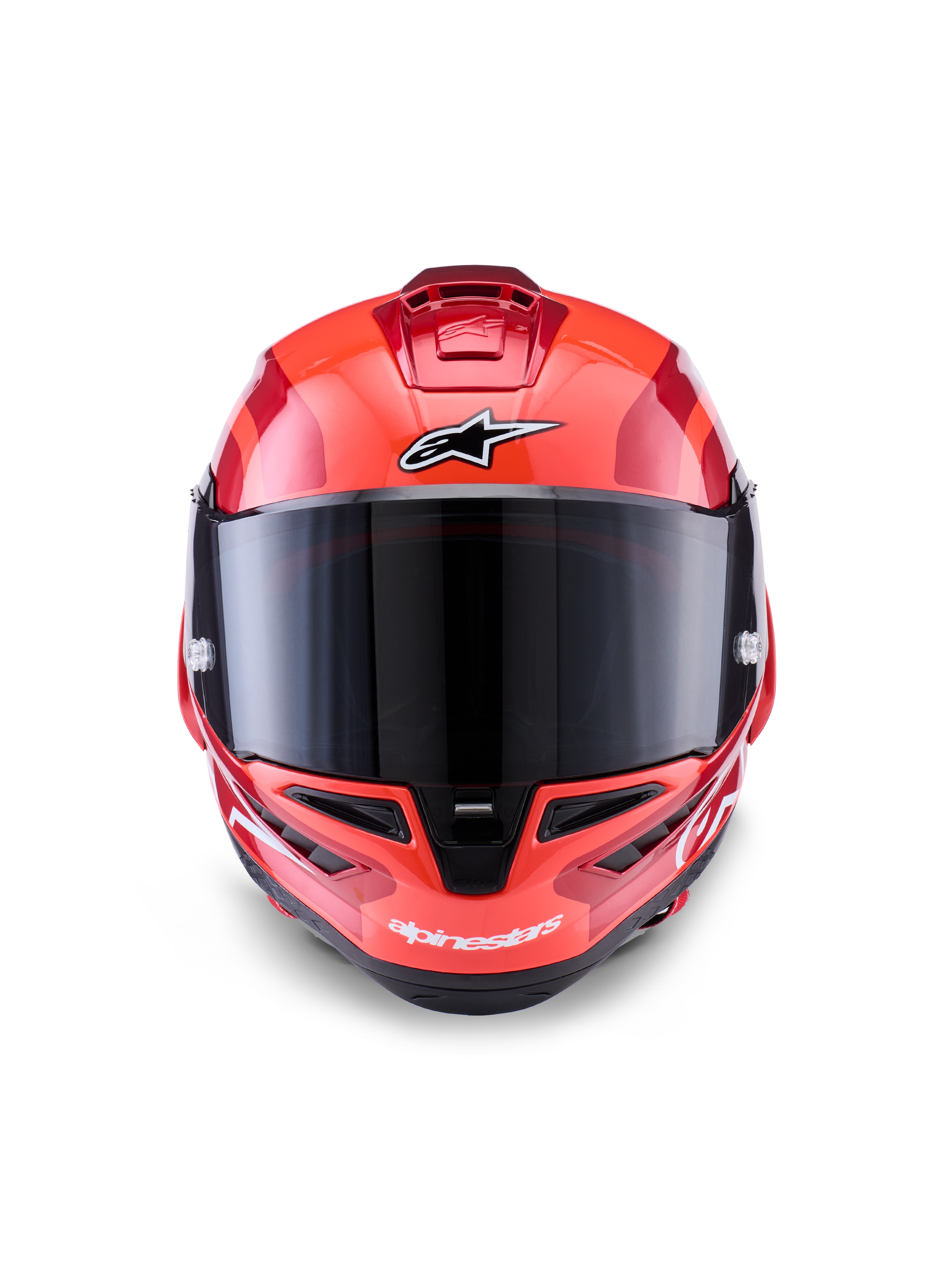 Casque Alpinestars Supertech R10 Arius, casque intégral de course, rouge avec accents blancs et noirs, vue de face avec visière fumée foncée, logo Alpinestars sur le front et le menton, finition brillante avec ports de ventilation aérodynamiques