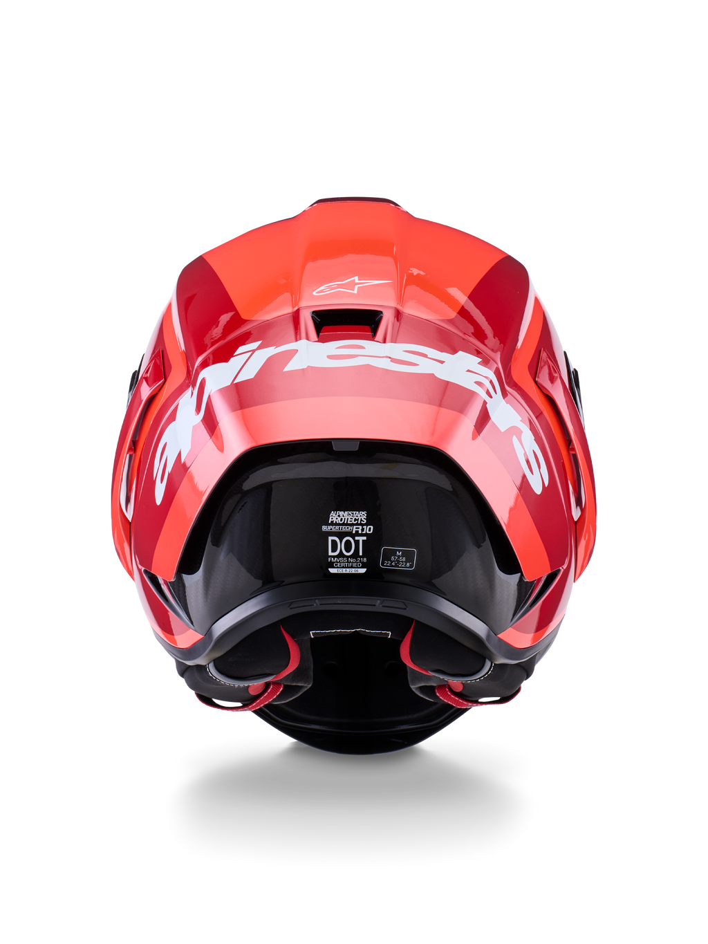 Casque Alpinestars Supertech R10 Arius, vue arrière, design rouge brillant et rouge foncé, grand logo Alpinestars blanc à l'arrière, étiquettes de certification DOT et ECE visibles, casque de course aérodynamique haute performance
