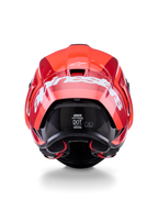 Casque Alpinestars Supertech R10 Arius, vue arrière, design rouge brillant et rouge foncé, grand logo Alpinestars blanc à l'arrière, étiquettes de certification DOT et ECE visibles, casque de course aérodynamique haute performance