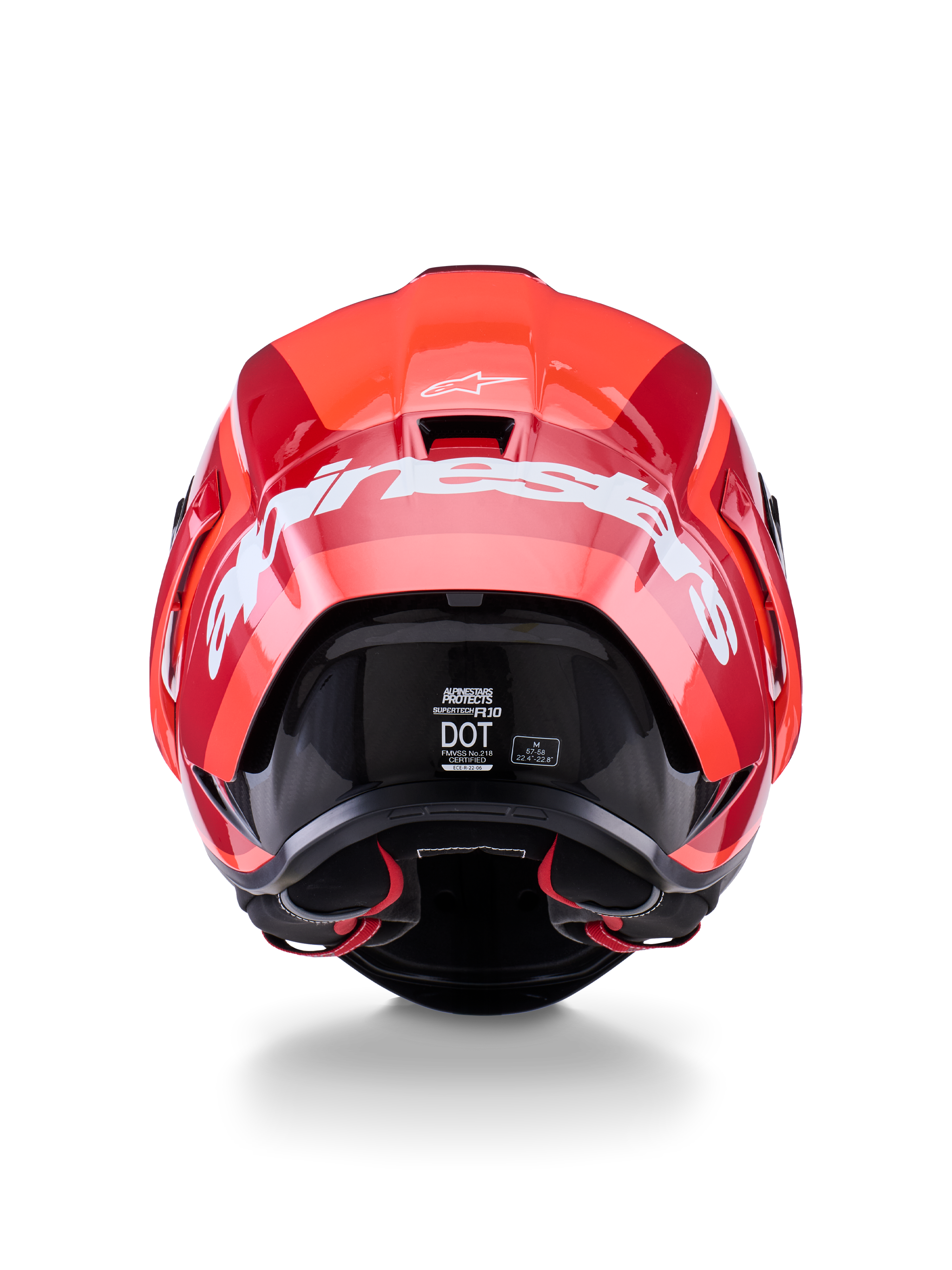 Casque Alpinestars Supertech R10 Arius, vue arrière, design rouge brillant et rouge foncé, grand logo Alpinestars blanc à l'arrière, étiquettes de certification DOT et ECE visibles, casque de course aérodynamique haute performance