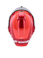 Casque Alpinestars Supertech R10 Arius, casque de course intégral, rouge brillant avec accents blancs, vue de dessus montrant les contours aérodynamiques de la coque, logo Alpinestars blanc et ventilation supérieure intégrée