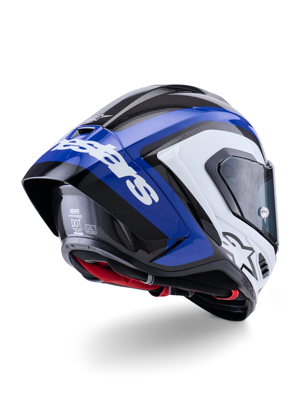 Casque Alpinestars Supertech R10 Arius, casque intégral de course, noir, blanc et bleu brillant, vue de trois-quarts arrière montrant le spoiler aérodynamique, la texture en fibre de carbone visible et le logo Alpinestars blanc distinctif