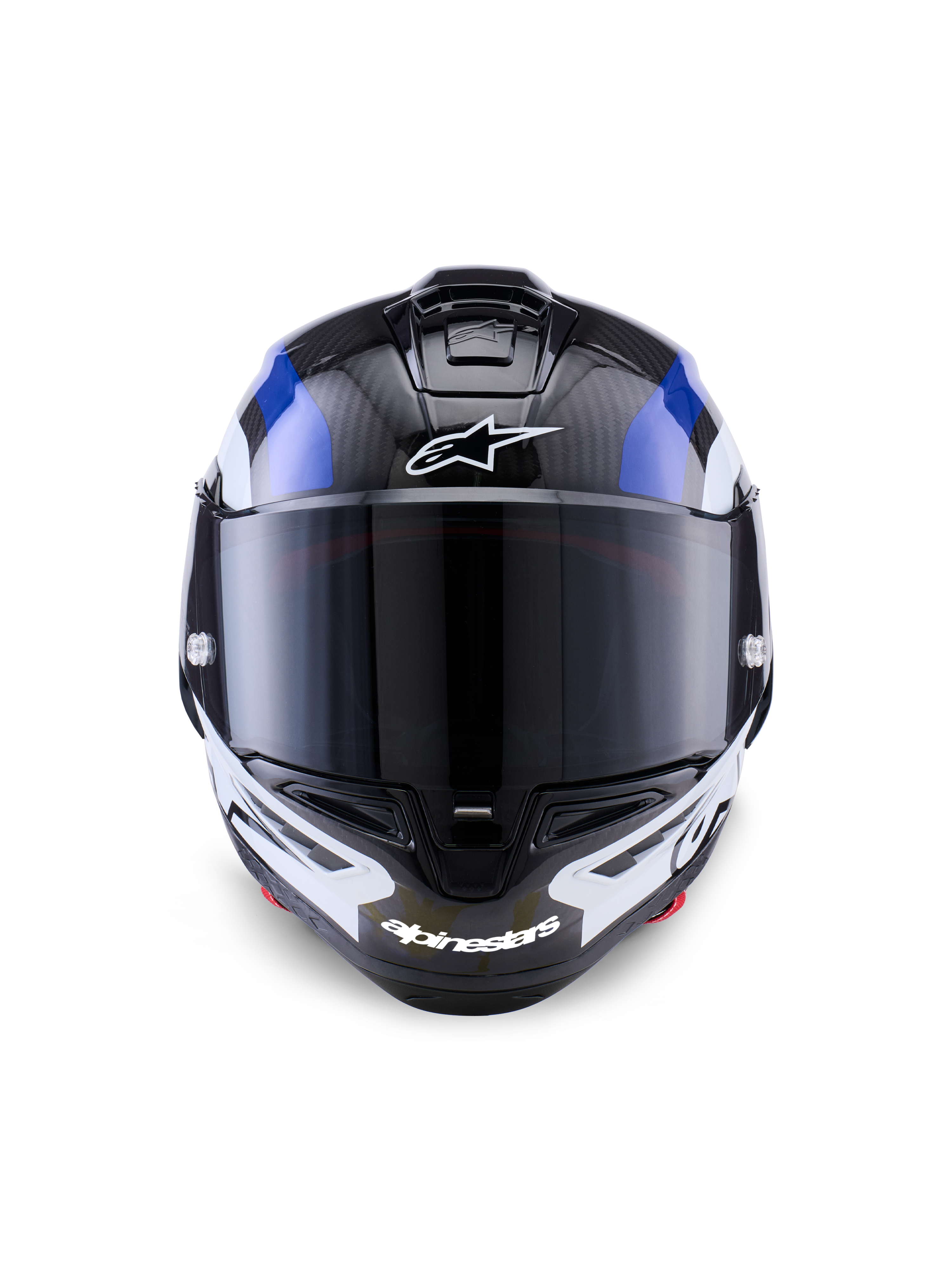 Casque Alpinestars Supertech R10 Arius, casque intégral de course, noir blanc et bleu brillant, vue de face avec visière fumée foncée, texture en fibre de carbone visible sur la calotte supérieure, logos Alpinestars blancs sur le front et la mentonnière, design aérodynamique épuré pour la compétition professionnelle
