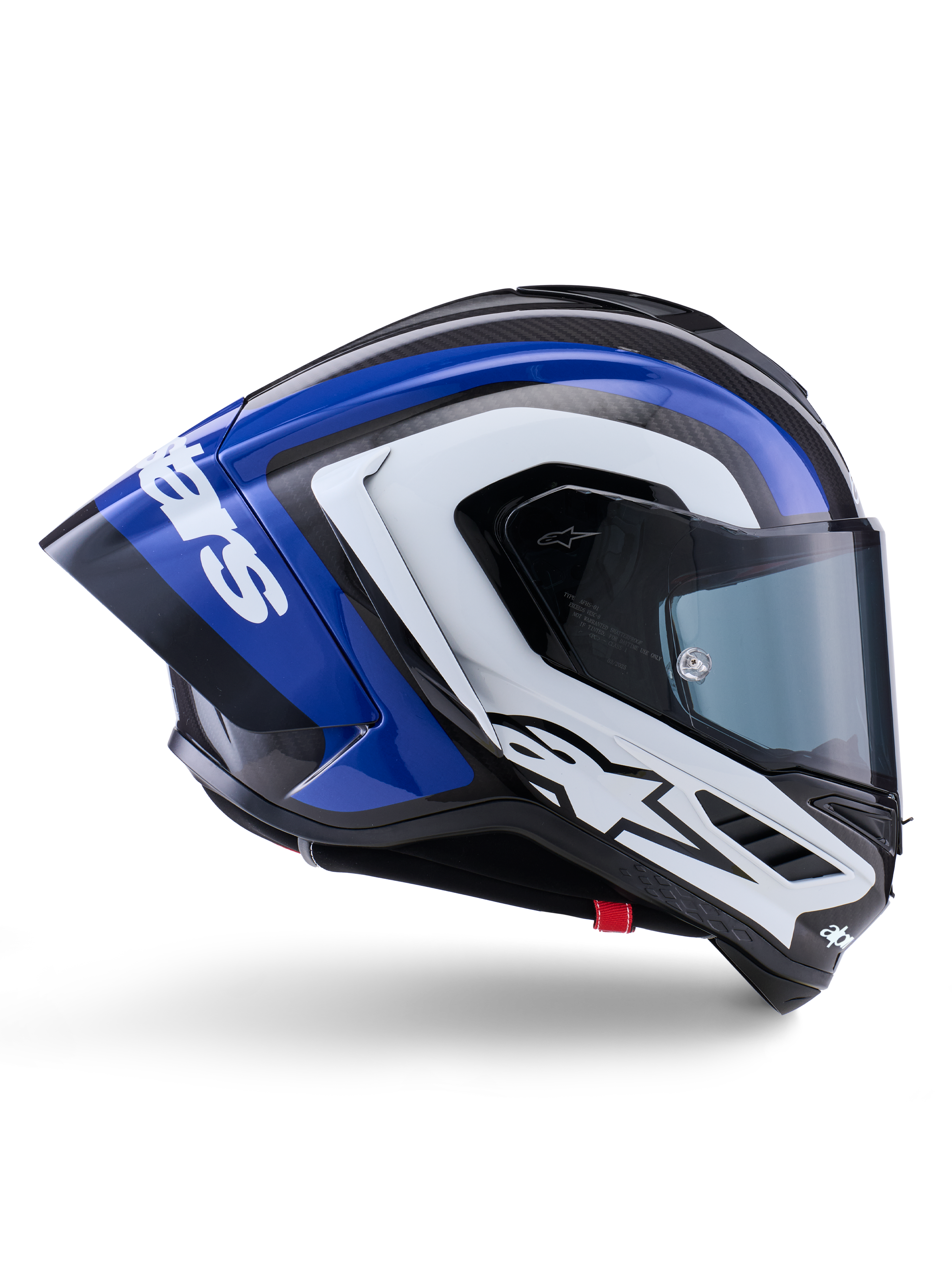 Casque Alpinestars Supertech R10 Arius, casque intégral de course, finition brillante noir, blanc et bleu, vue latérale aérodynamique montrant la calotte en fibre de carbone et le grand spoiler arrière avec le logo Alpinestars, équipement de protection moto professionnel