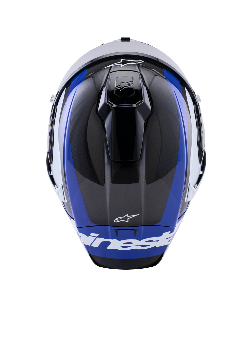 Casque Alpinestars Supertech R10 Arius, casque de course moto intégral, noir brillant, blanc et bleu, vue de dessus mettant en évidence le tissage de la fibre de carbone, les évents aérodynamiques et le logo Alpinestars blanc