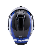 Casque Alpinestars Supertech R10 Arius, casque de course moto intégral, noir brillant, blanc et bleu, vue de dessus mettant en évidence le tissage de la fibre de carbone, les évents aérodynamiques et le logo Alpinestars blanc