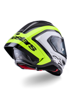 Casque Alpinestars Supertech R10 Arius, vue arrière, noir, argent et jaune fluo brillant, coque en fibre de carbone, grand spoiler aérodynamique avec texte Alpinestars noir, protection de niveau compétition au design profilé
