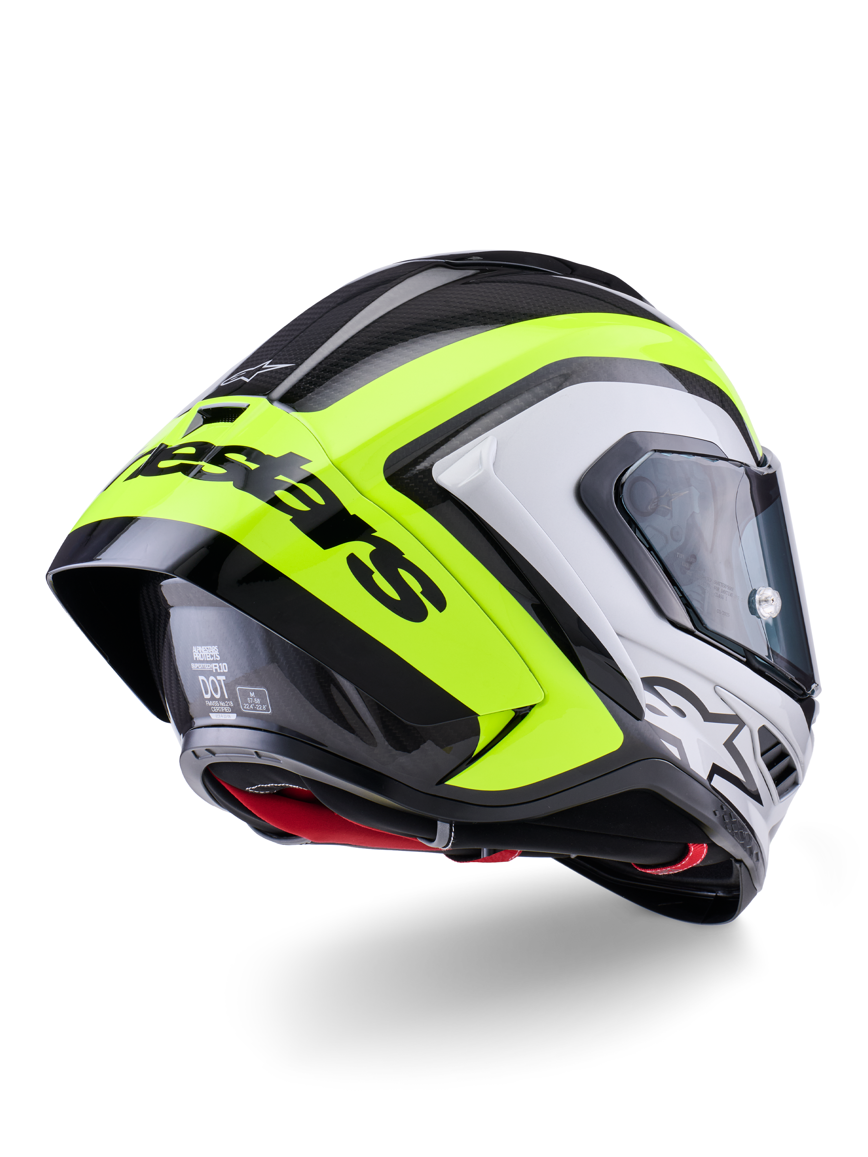 Casque Alpinestars Supertech R10 Arius, vue arrière, noir, argent et jaune fluo brillant, coque en fibre de carbone, grand spoiler aérodynamique avec texte Alpinestars noir, protection de niveau compétition au design profilé