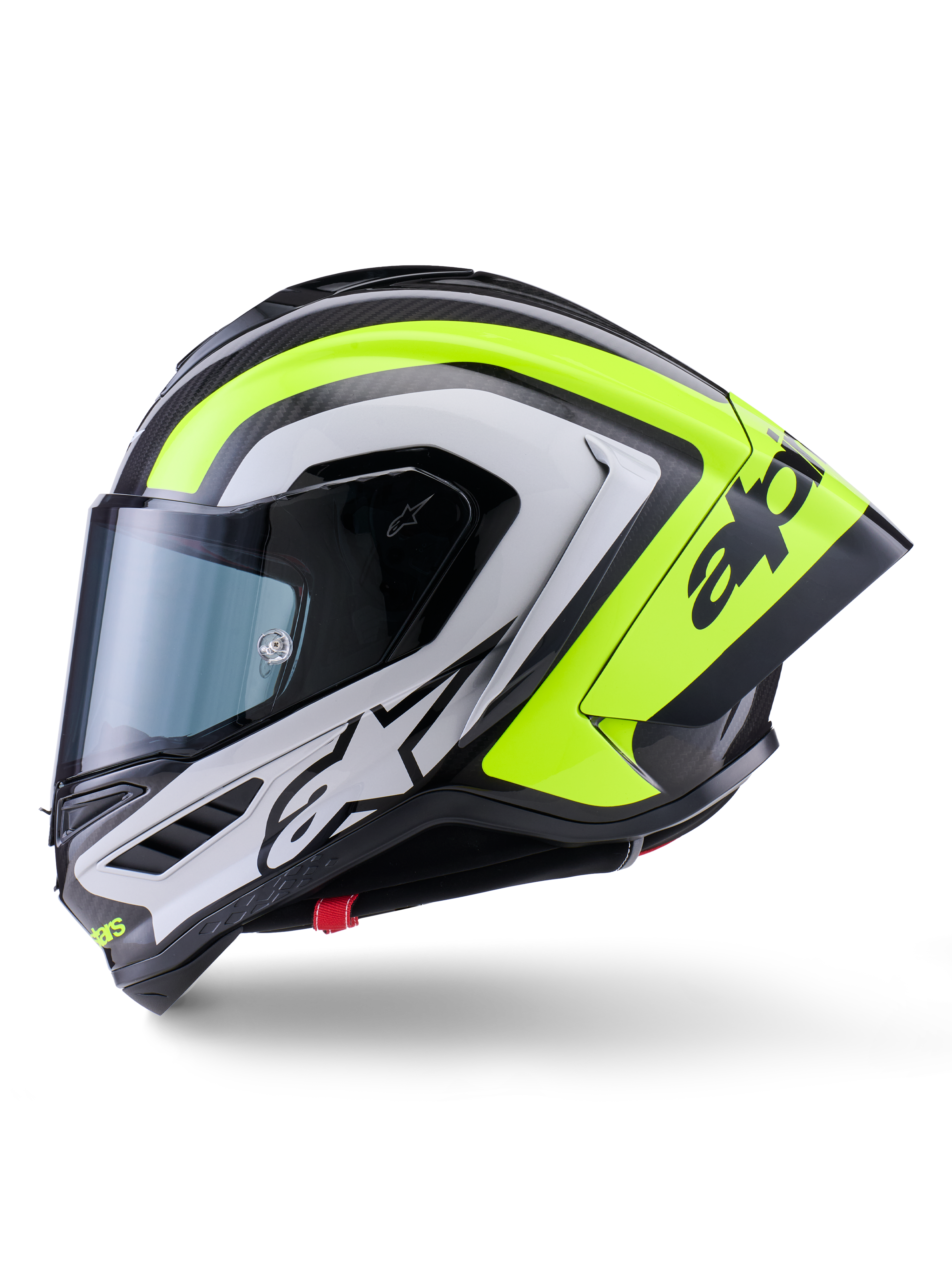 Casque Alpinestars Supertech R10 Arius, casque de moto de course, noir, argent et jaune fluo brillant, vue de profil, avec spoiler arrière aérodynamique, construction en fibre de carbone, logo imposant et visière teintée.