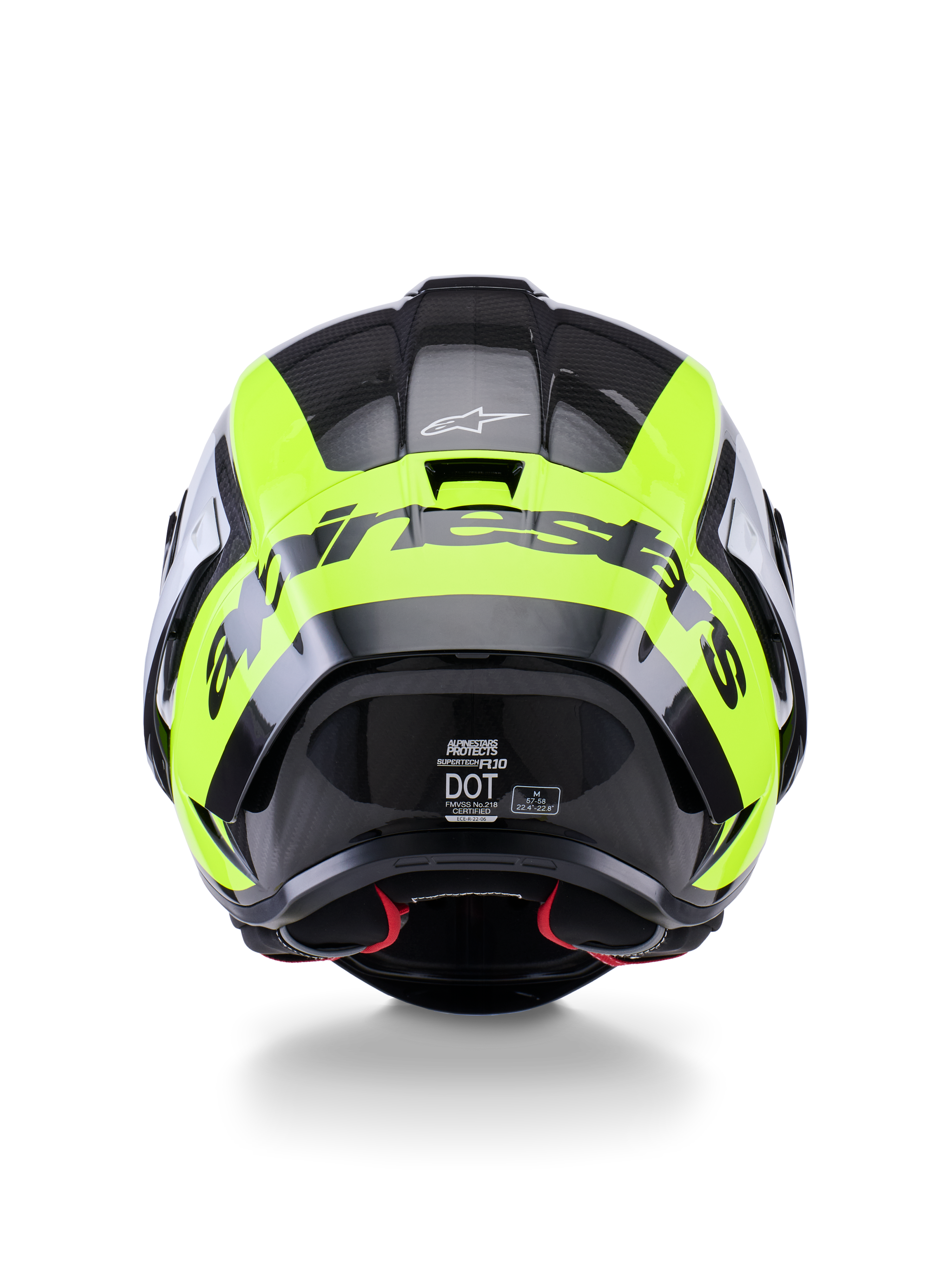 Casque Alpinestars Supertech R10 Arius, vue arrière, noir, argent et jaune fluo brillant, casque de course haute performance avec calotte en carbone multi-composite, design aérodynamique et logo de la marque imposant à l'arrière.