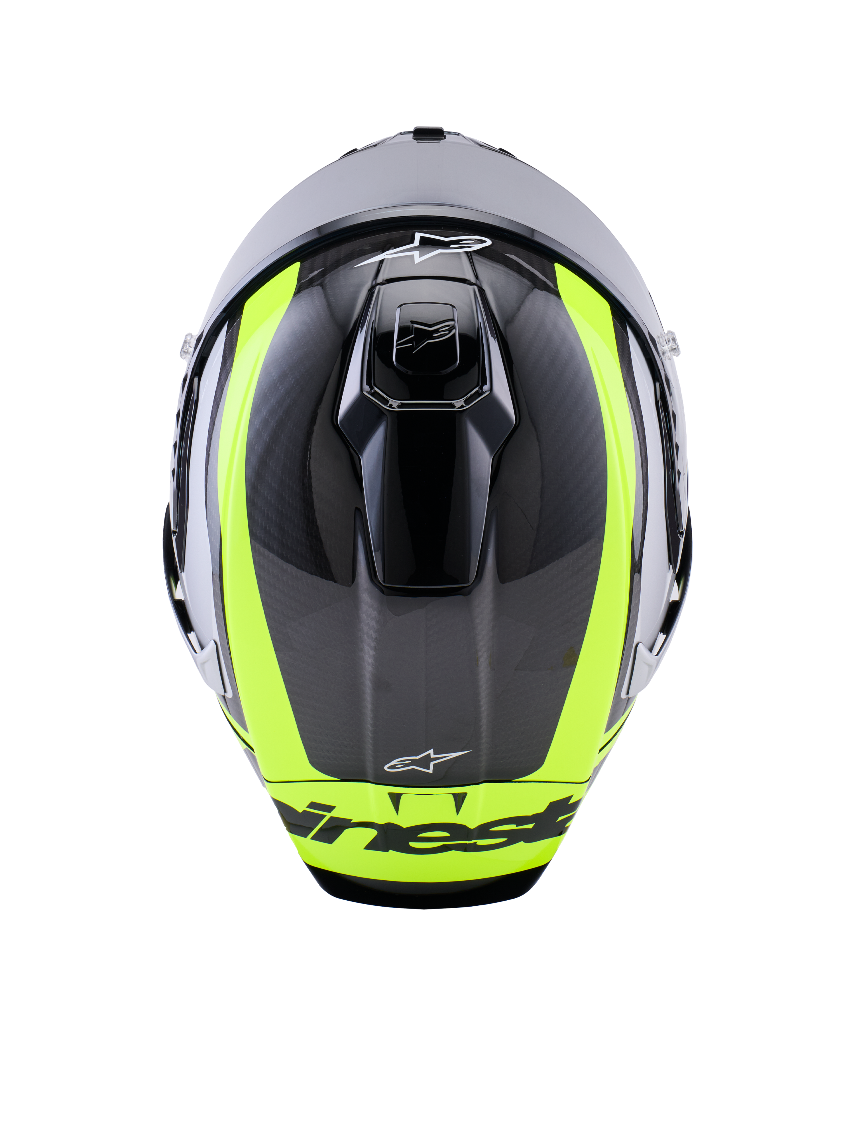 Casque Alpinestars Supertech R10 Arius, vue de dessus, noir, argent et jaune fluo brillant, calotte en fibre de carbone avec rayures jaune fluo éclatantes, orifices de ventilation supérieurs aérodynamiques et logo Alpinestars, casque de course haute performance