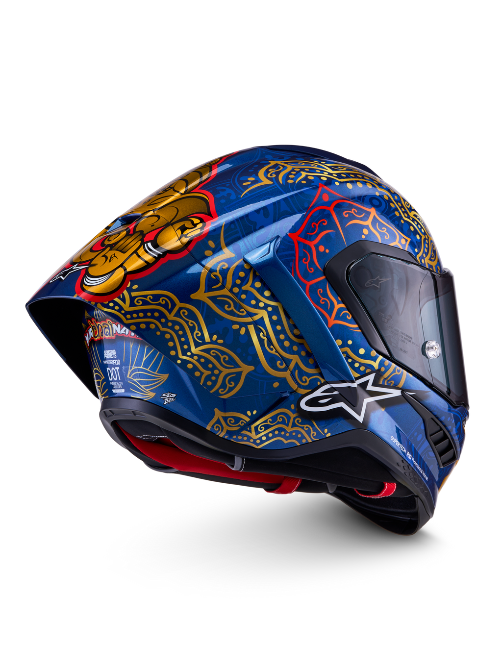 Alpinestars Supertech R10 Martinator Thai, casque de course intégral bleu et doré, coque en carbone, certifié FIM et ECE.