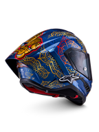 Alpinestars Supertech R10 Martinator Thai, casque de course intégral bleu et doré, coque en carbone, certifié FIM et ECE.