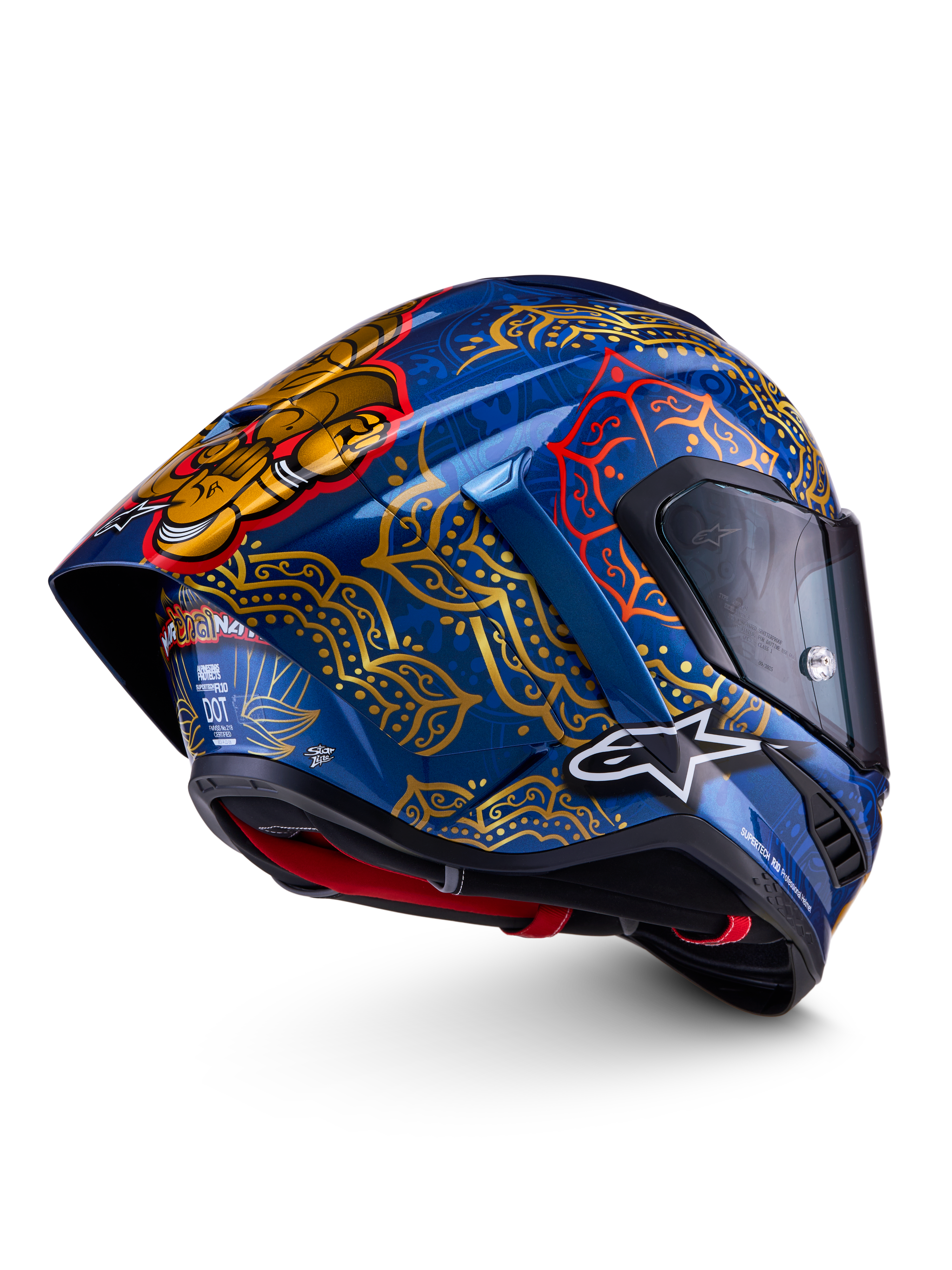 Alpinestars Supertech R10 Martinator Thai, casque de course intégral bleu et doré, coque en carbone, certifié FIM et ECE.